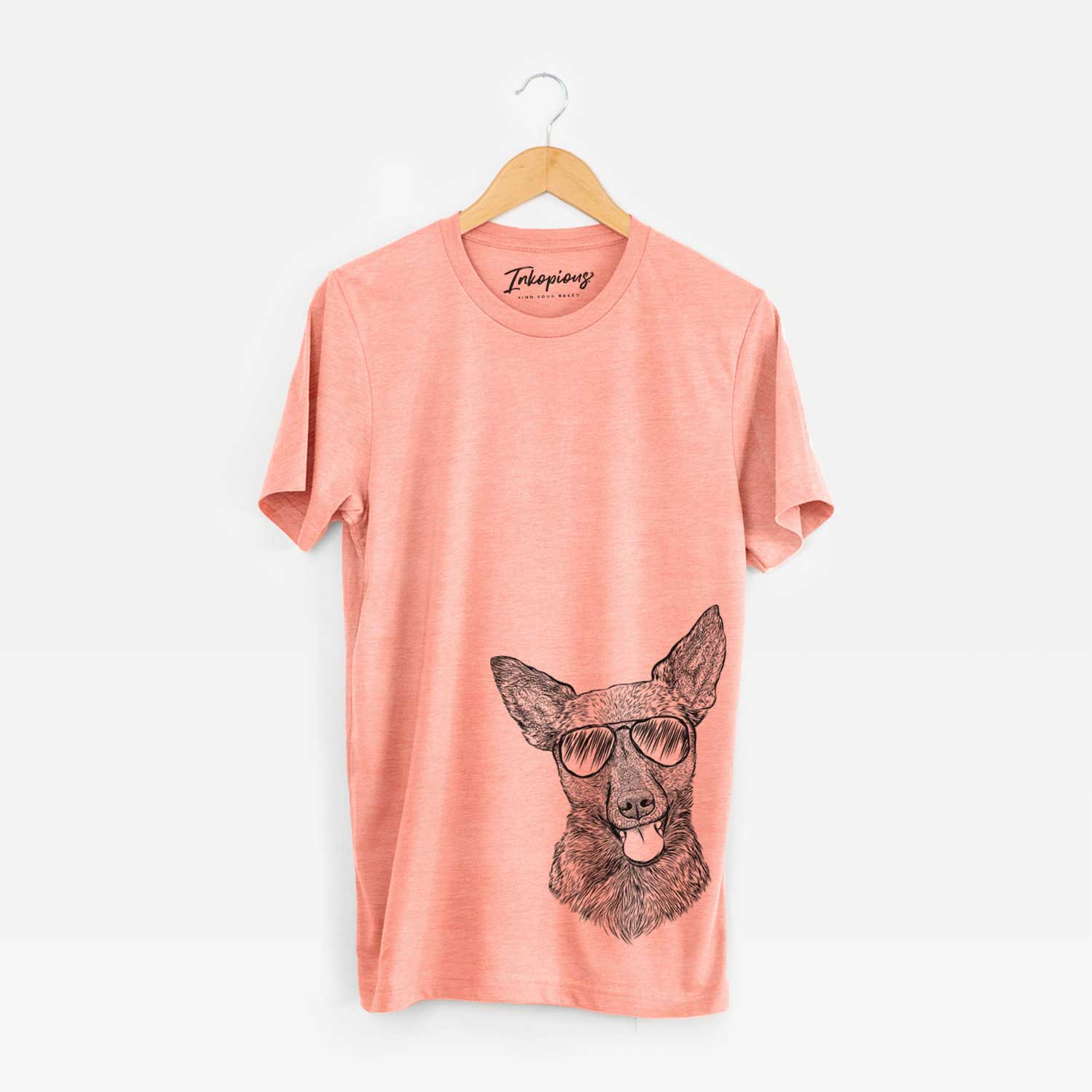 Hand-drawn sketch of Ursa the Mixed Breed wearing aviator sunglasses on a Sunset Unisex crewneck