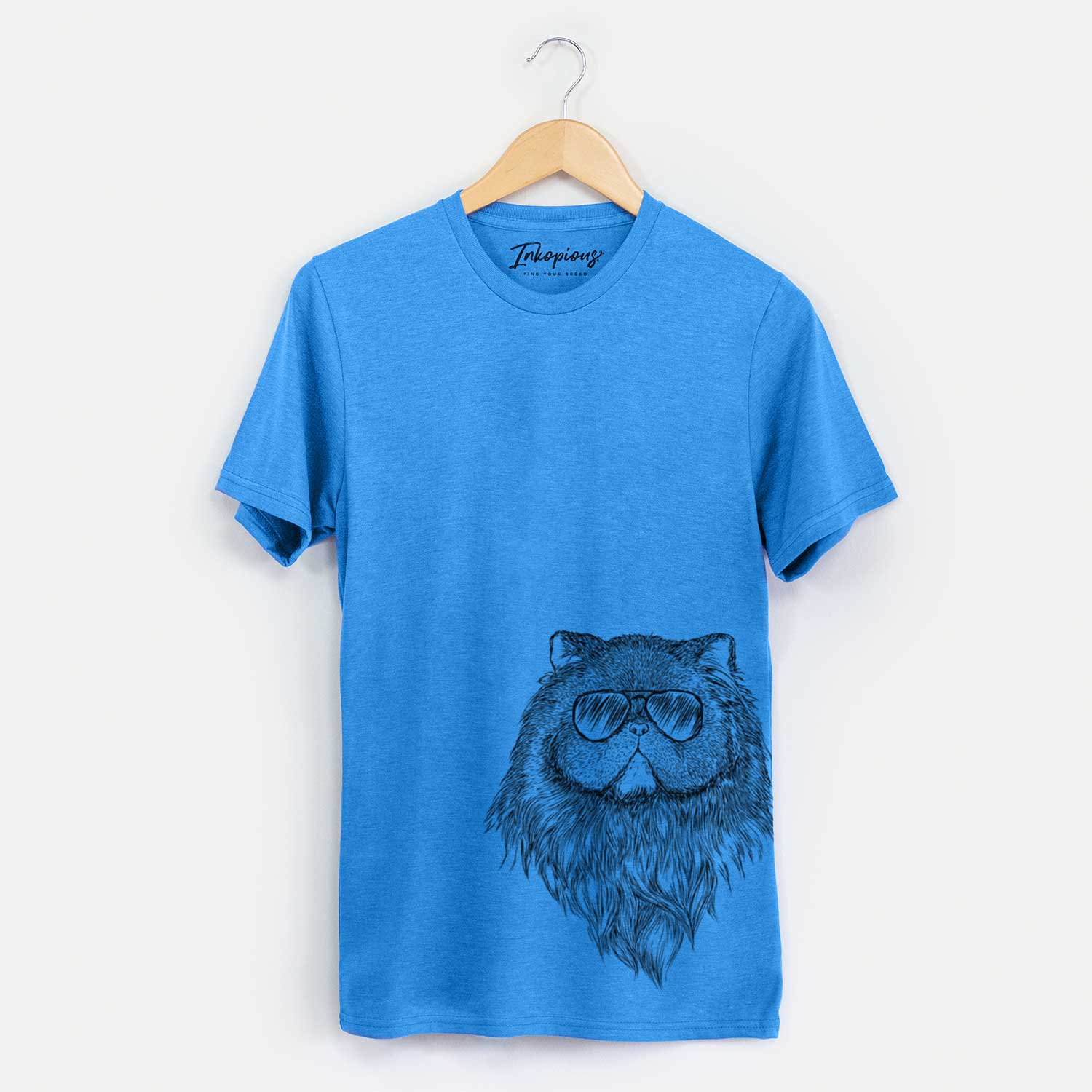 Hand-drawn sketch of Vader the Persian Cat wearing aviator sunglasses on a Blue Unisex crewneck