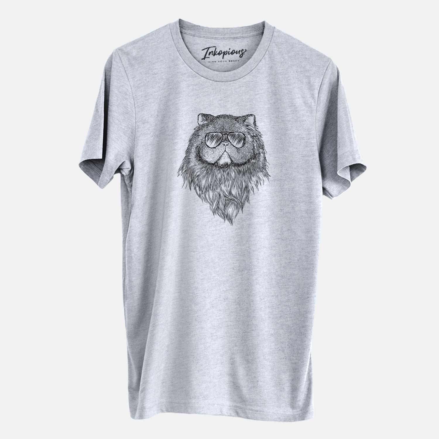 Hand-drawn sketch of Vader the Persian Cat wearing aviator sunglasses on a Grey Unisex crewneck