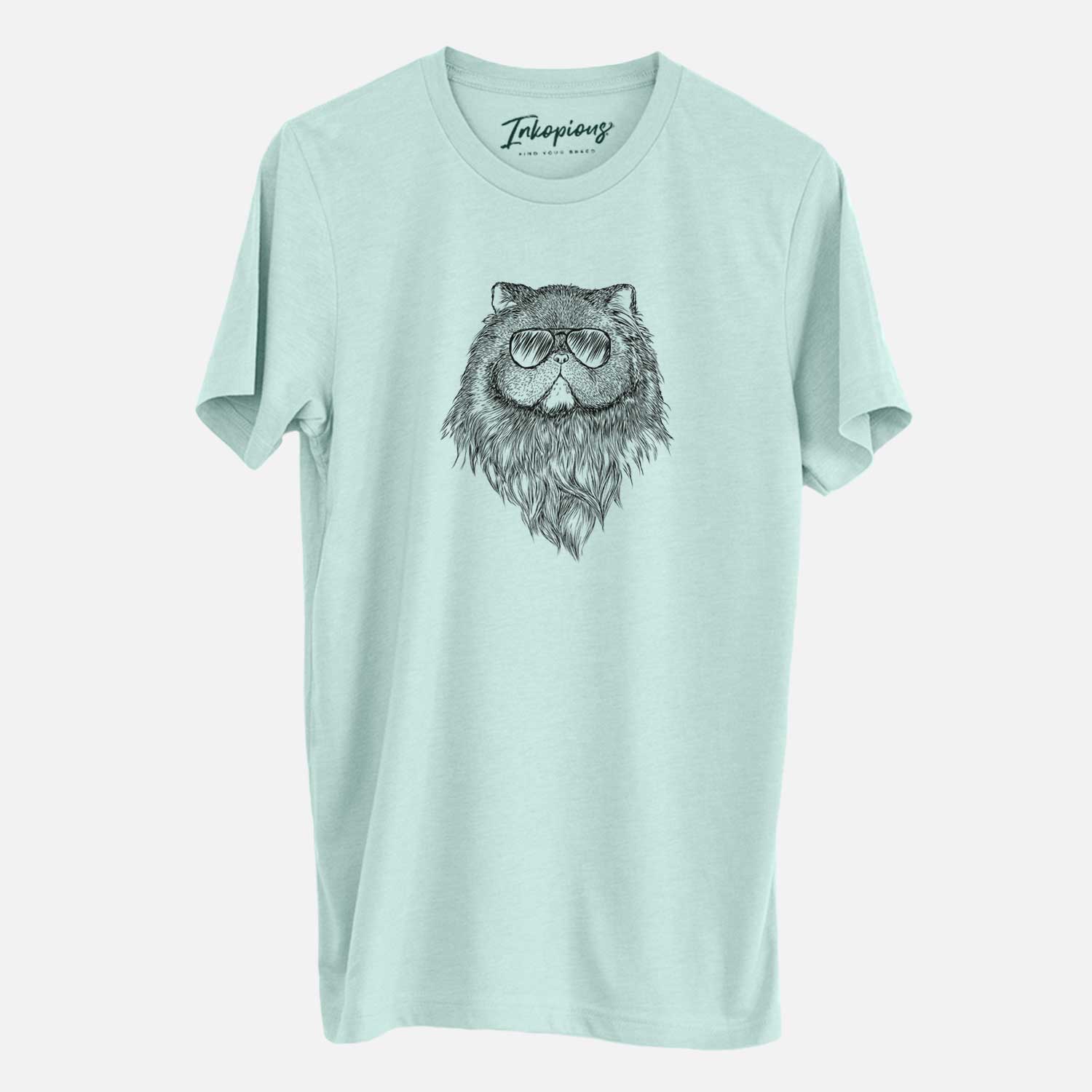 Hand-drawn sketch of Vader the Persian Cat wearing aviator sunglasses on a Heather Sage Unisex crewneck