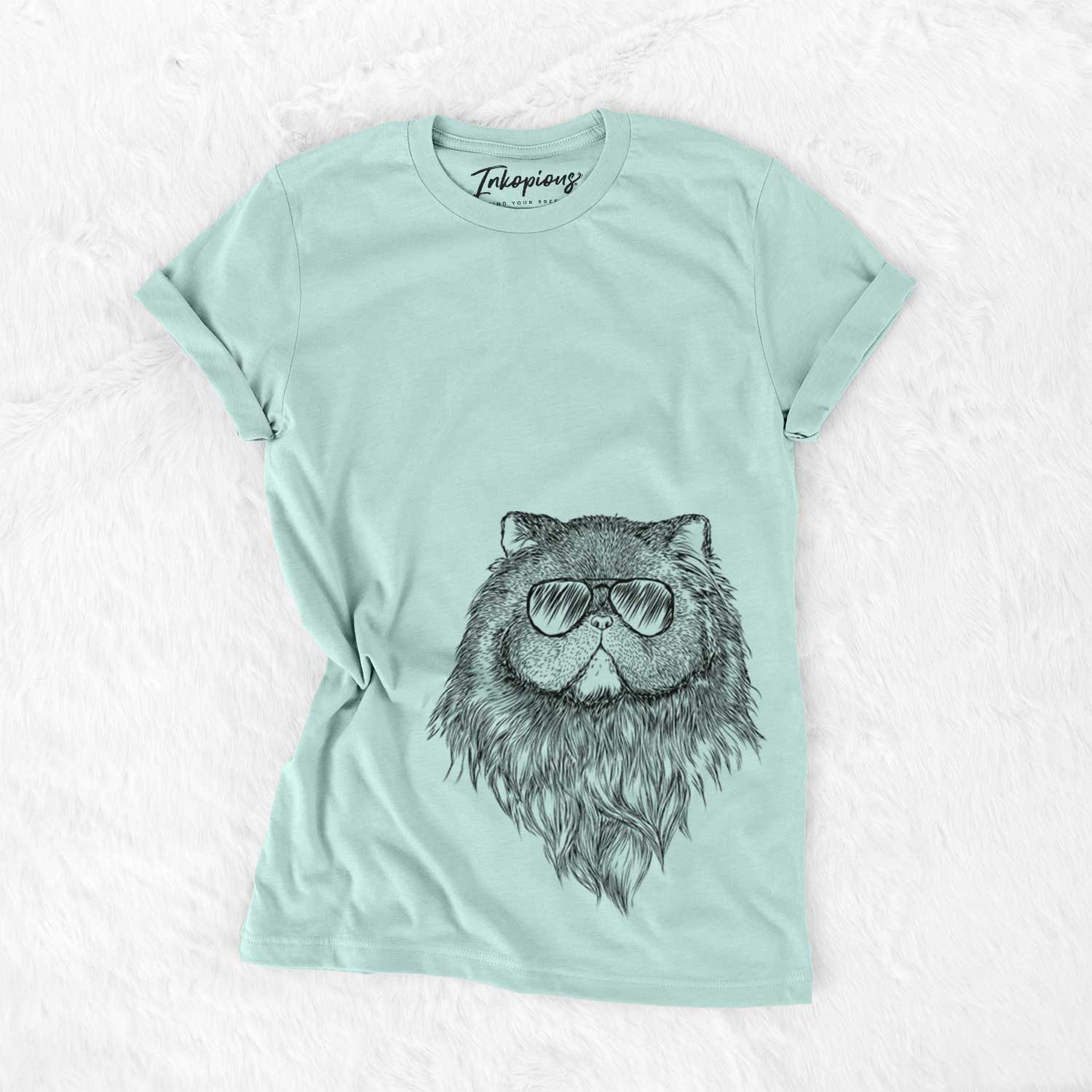 Hand-drawn sketch of Vader the Persian Cat wearing aviator sunglasses on a Heather Sage Unisex crewneck