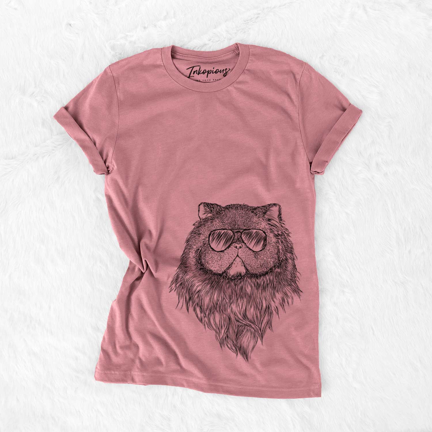 Hand-drawn sketch of Vader the Persian Cat wearing aviator sunglasses on a Mauve Unisex crewneck