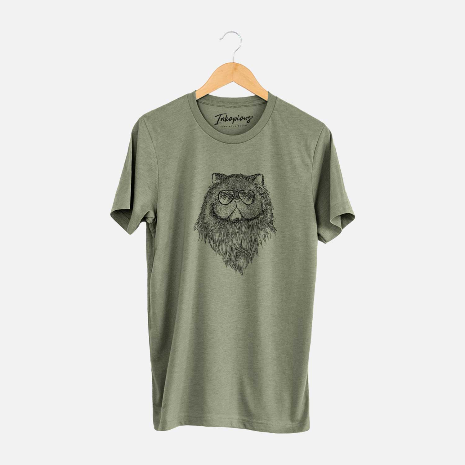 Hand-drawn sketch of Vader the Persian Cat wearing aviator sunglasses on an Olive Unisex crewneck