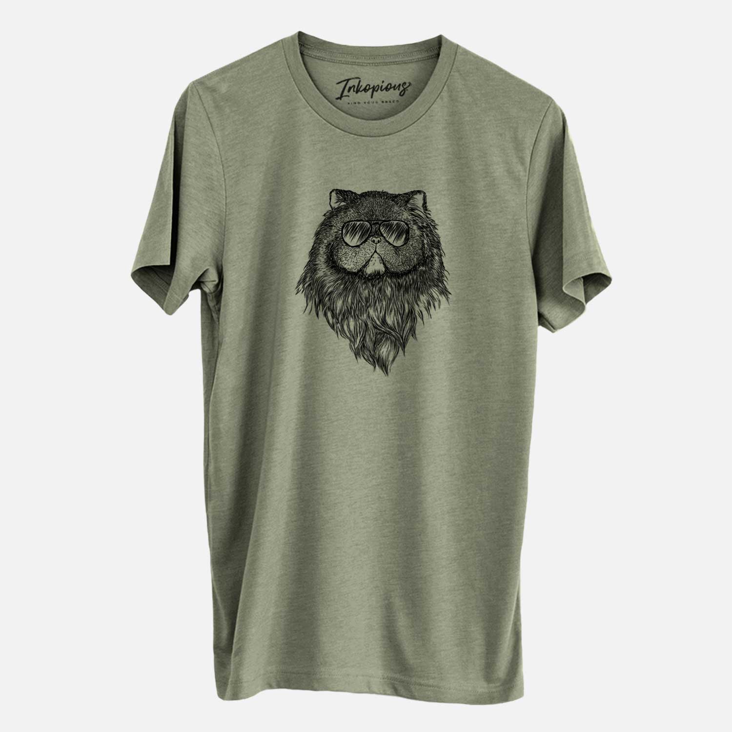 Hand-drawn sketch of Vader the Persian Cat wearing aviator sunglasses on an Olive Unisex crewneck