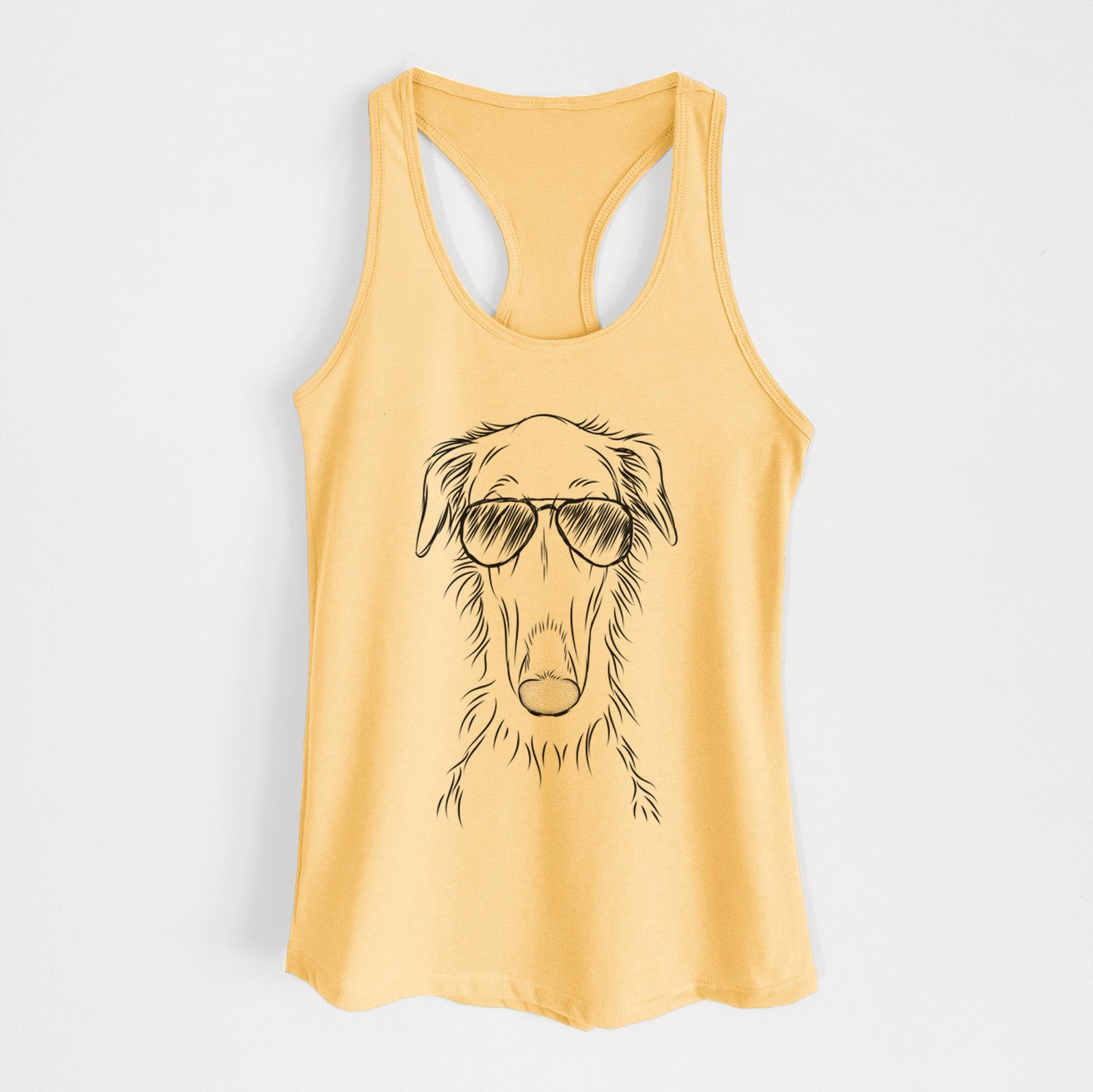 Hand-drawn sketch of Vaughn the Borzoi wearing aviator sunglasses on a Banana Cream Women's racerback tanktop