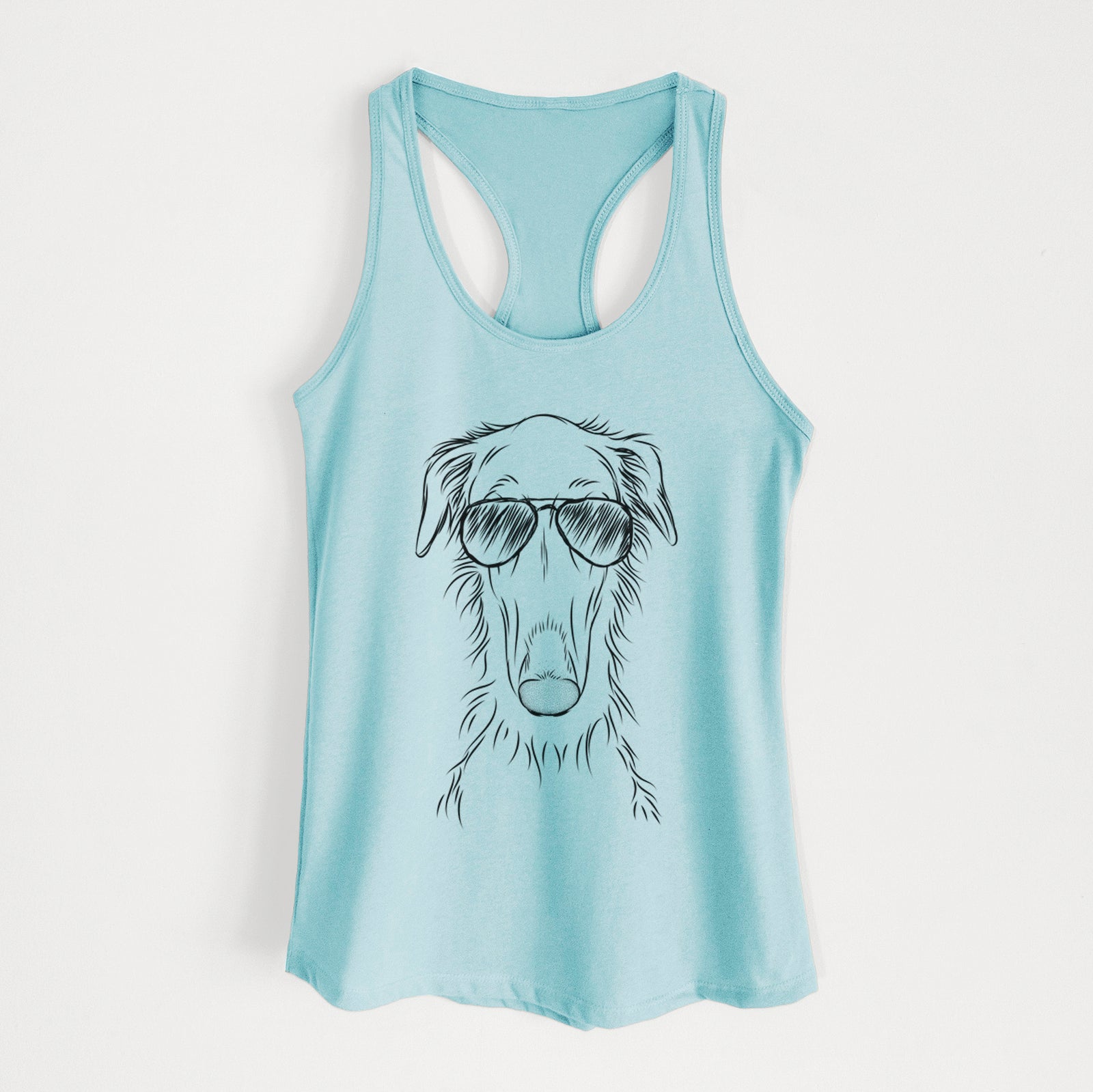 Hand-drawn sketch of Vaughn the Borzoi wearing aviator sunglasses on a Cancun Blue Women's racerback tanktop