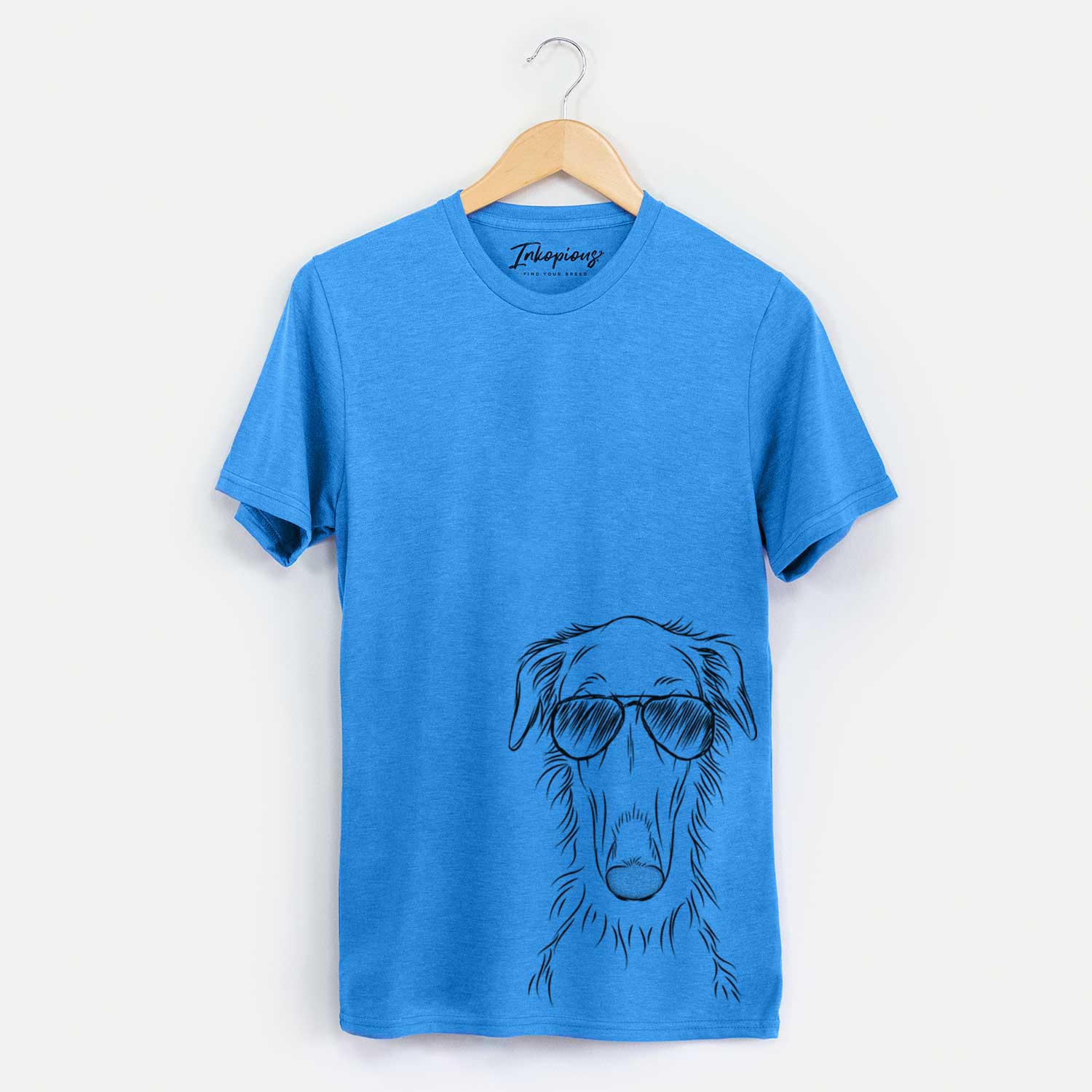 Hand-drawn sketch of Vaughn the Borzoi wearing aviator sunglasses on a Blue Unisex crewneck