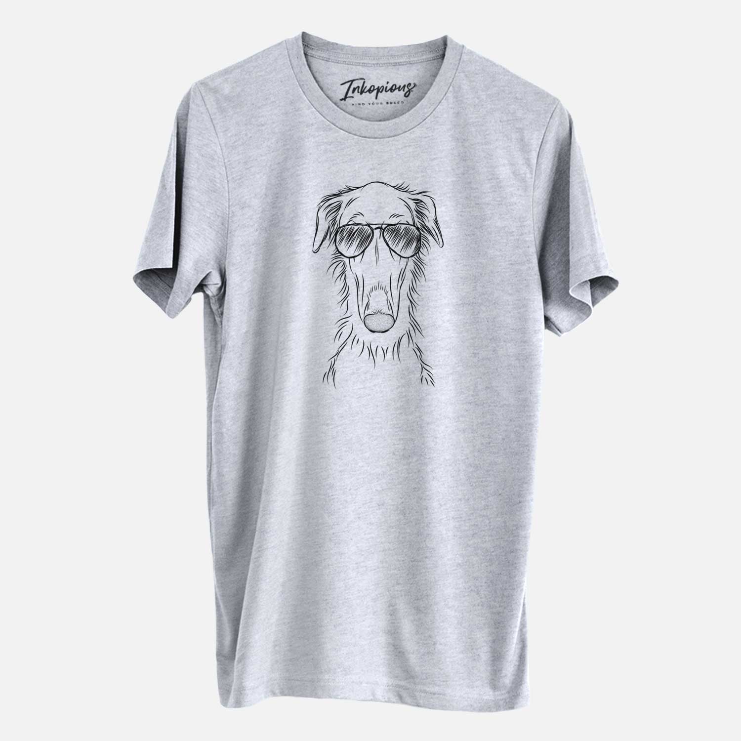 Hand-drawn sketch of Vaughn the Borzoi wearing aviator sunglasses on a Grey Unisex crewneck