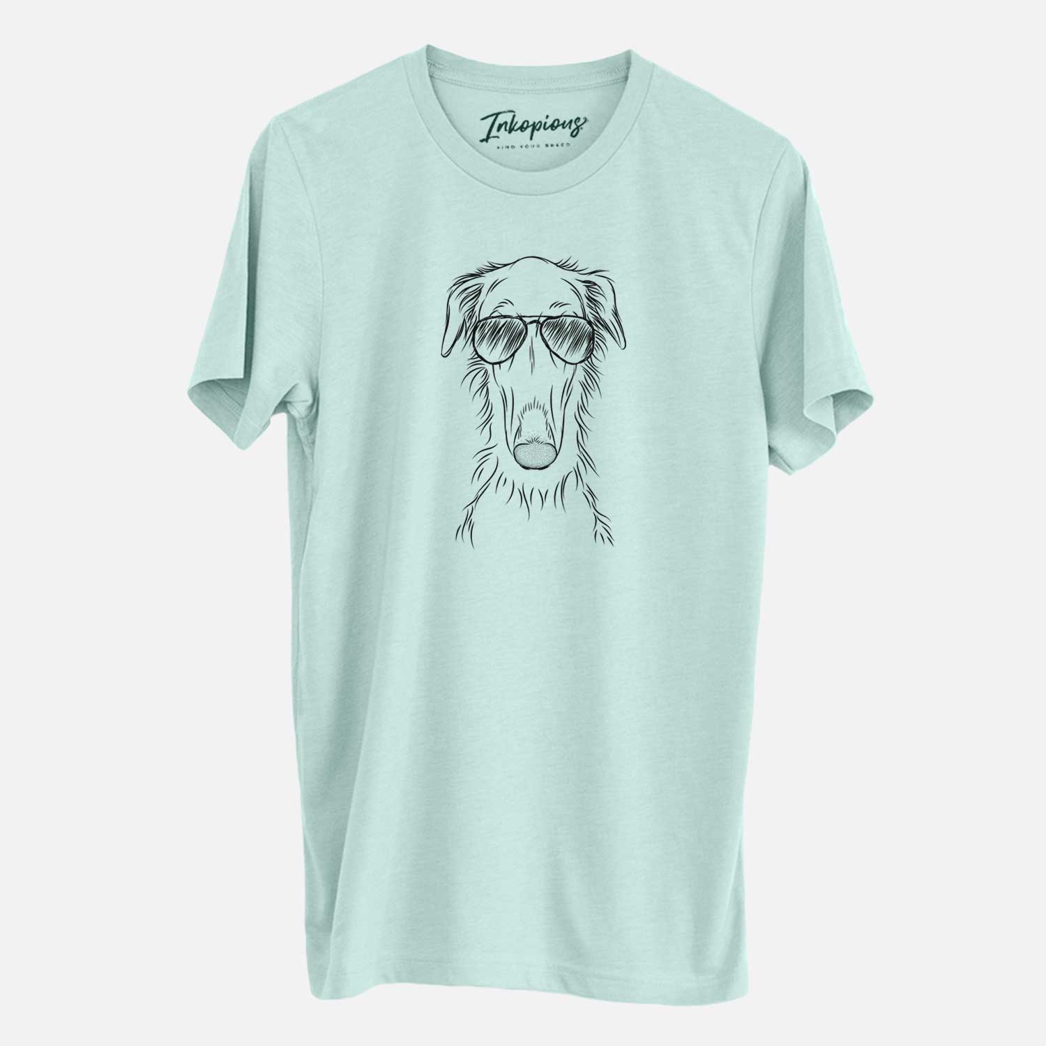 Hand-drawn sketch of Vaughn the Borzoi wearing aviator sunglasses on a Heather Sage Unisex crewneck