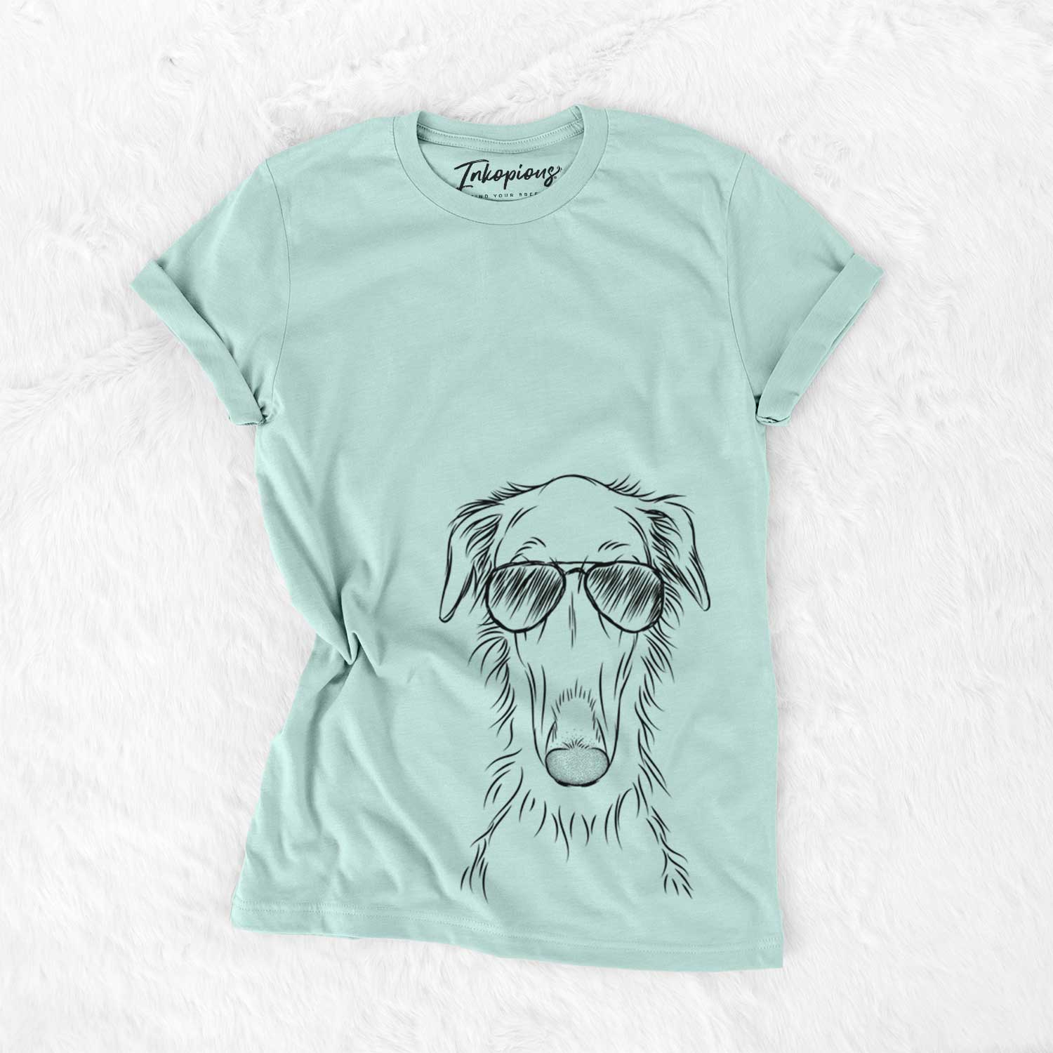 Hand-drawn sketch of Vaughn the Borzoi wearing aviator sunglasses on a Heather Sage Unisex crewneck