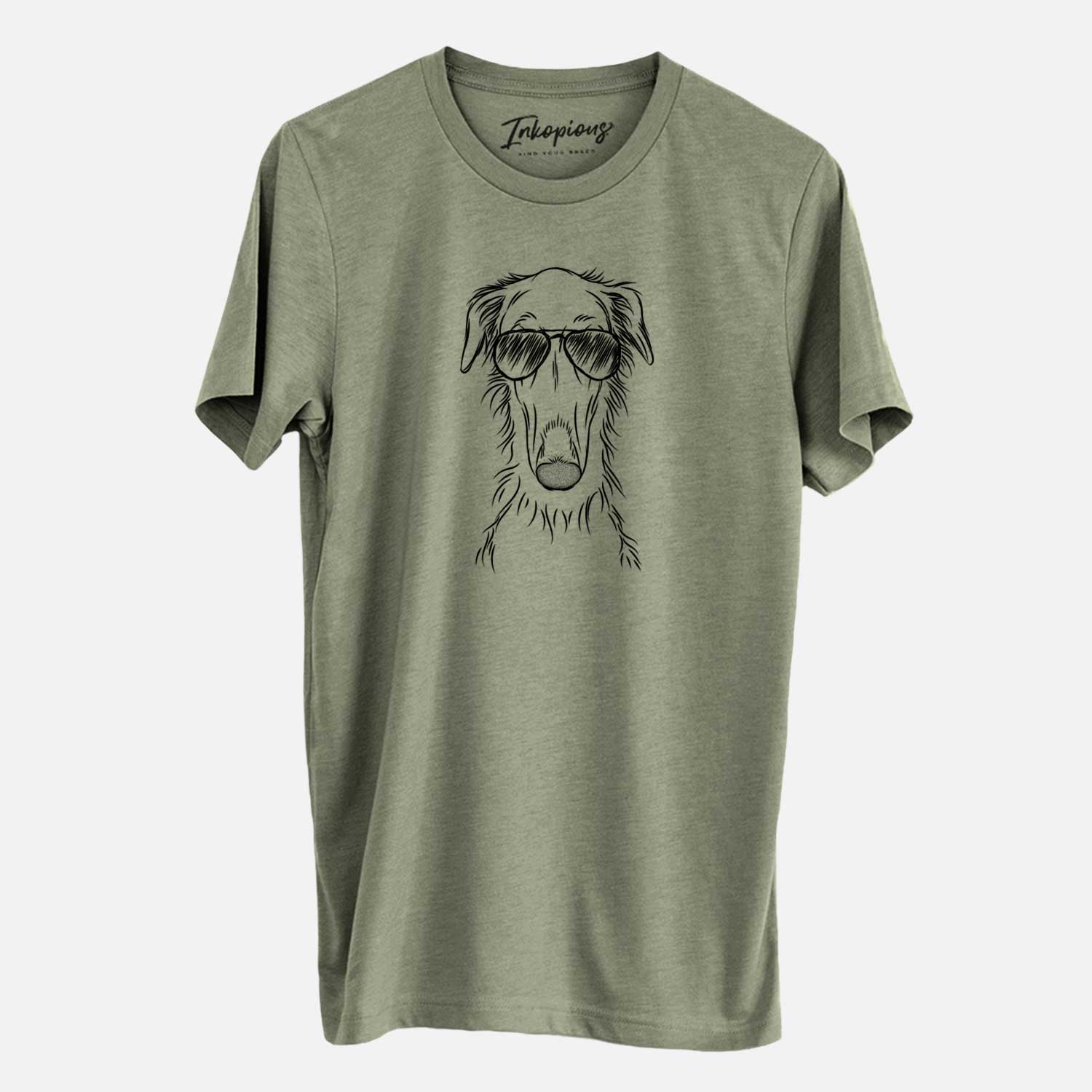 Hand-drawn sketch of Vaughn the Borzoi wearing aviator sunglasses on an Olive Unisex crewneck