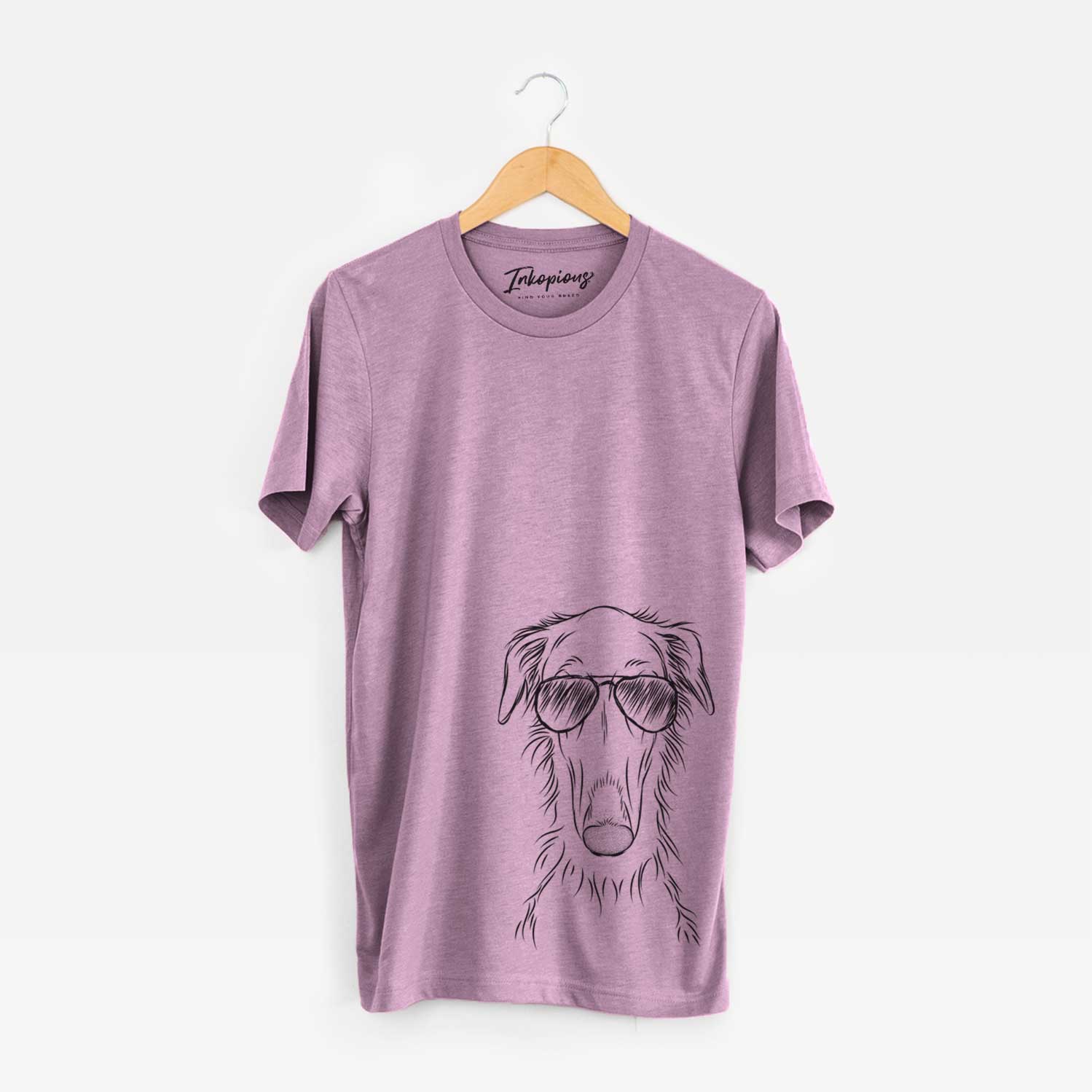Hand-drawn sketch of Vaughn the Borzoi wearing aviator sunglasses on an Orchid Unisex crewneck