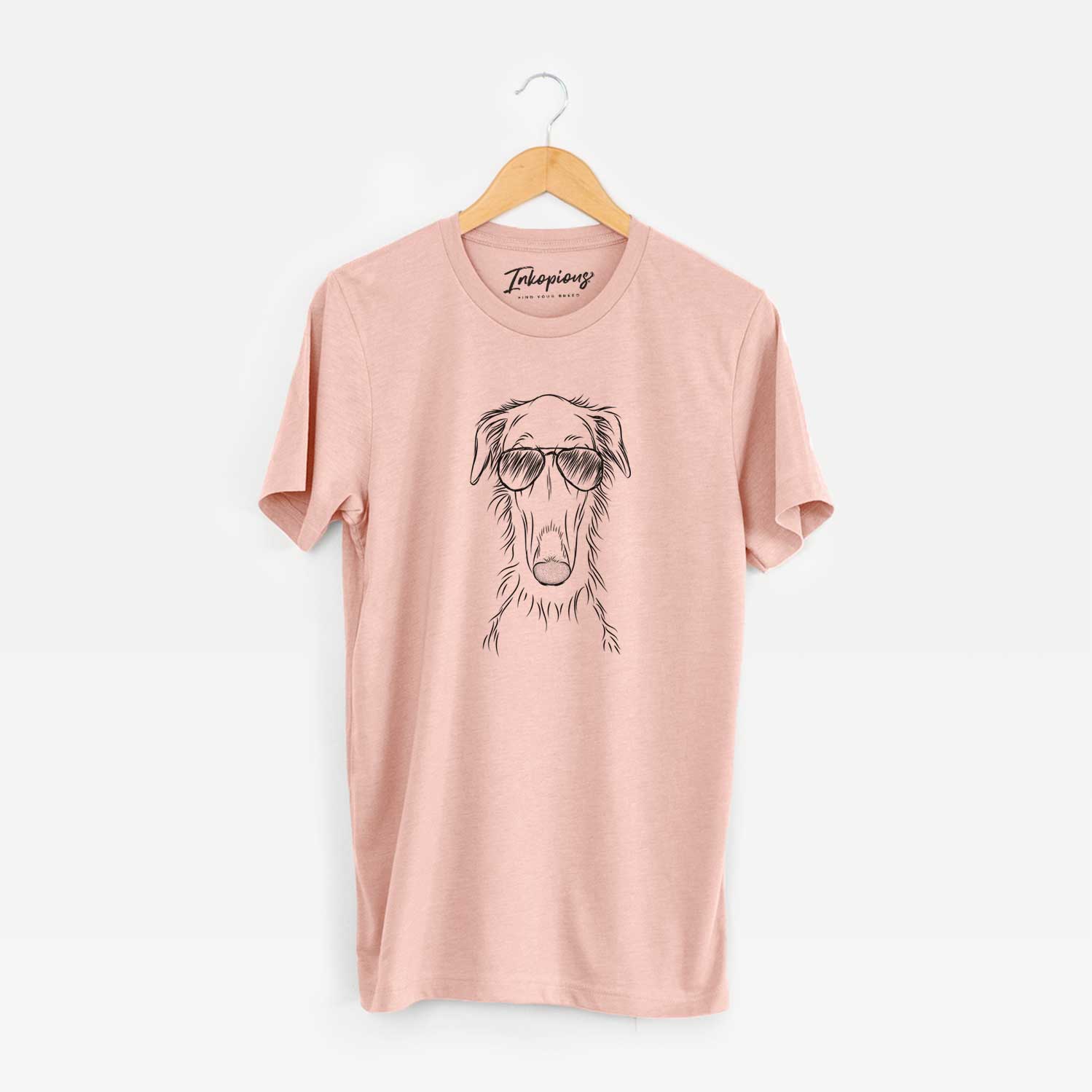 Hand-drawn sketch of Vaughn the Borzoi wearing aviator sunglasses on a Peach Unisex crewneck