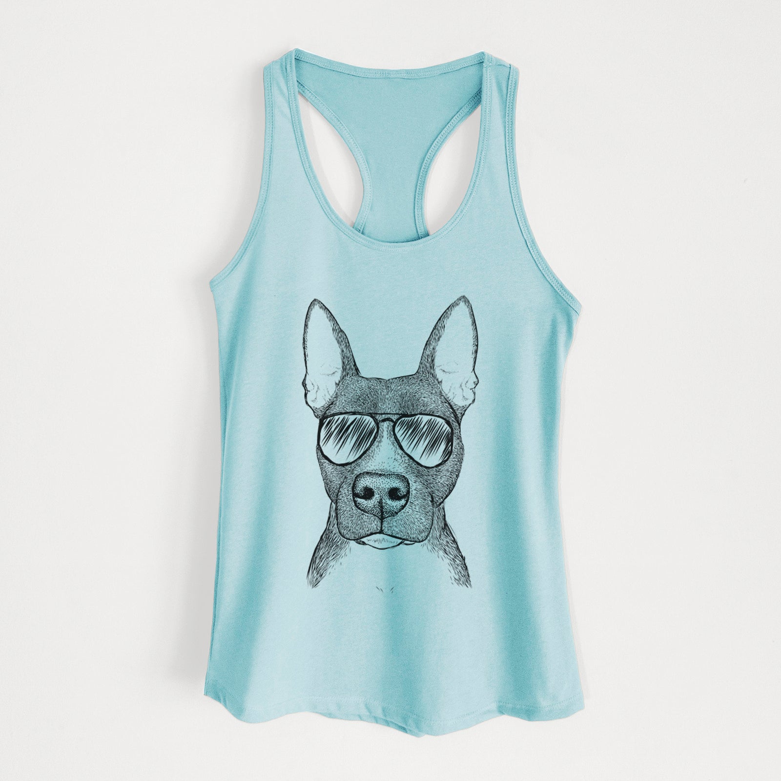 Hand-drawn sketch of Violet the Pitbull wearing aviator sunglasses on a Cancun Blue Women's racerback tanktop