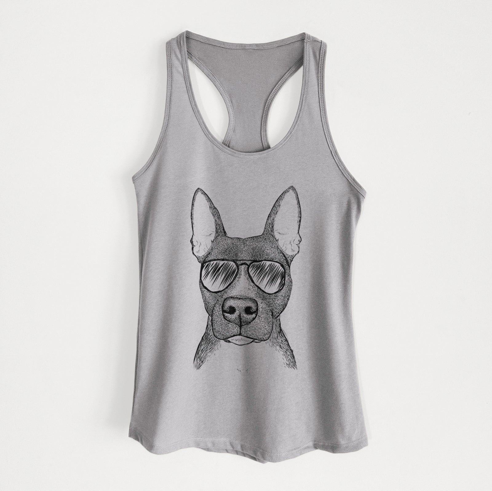 Hand-drawn sketch of Violet the Pitbull wearing aviator sunglasses on a Heather Grey Women's racerback tanktop