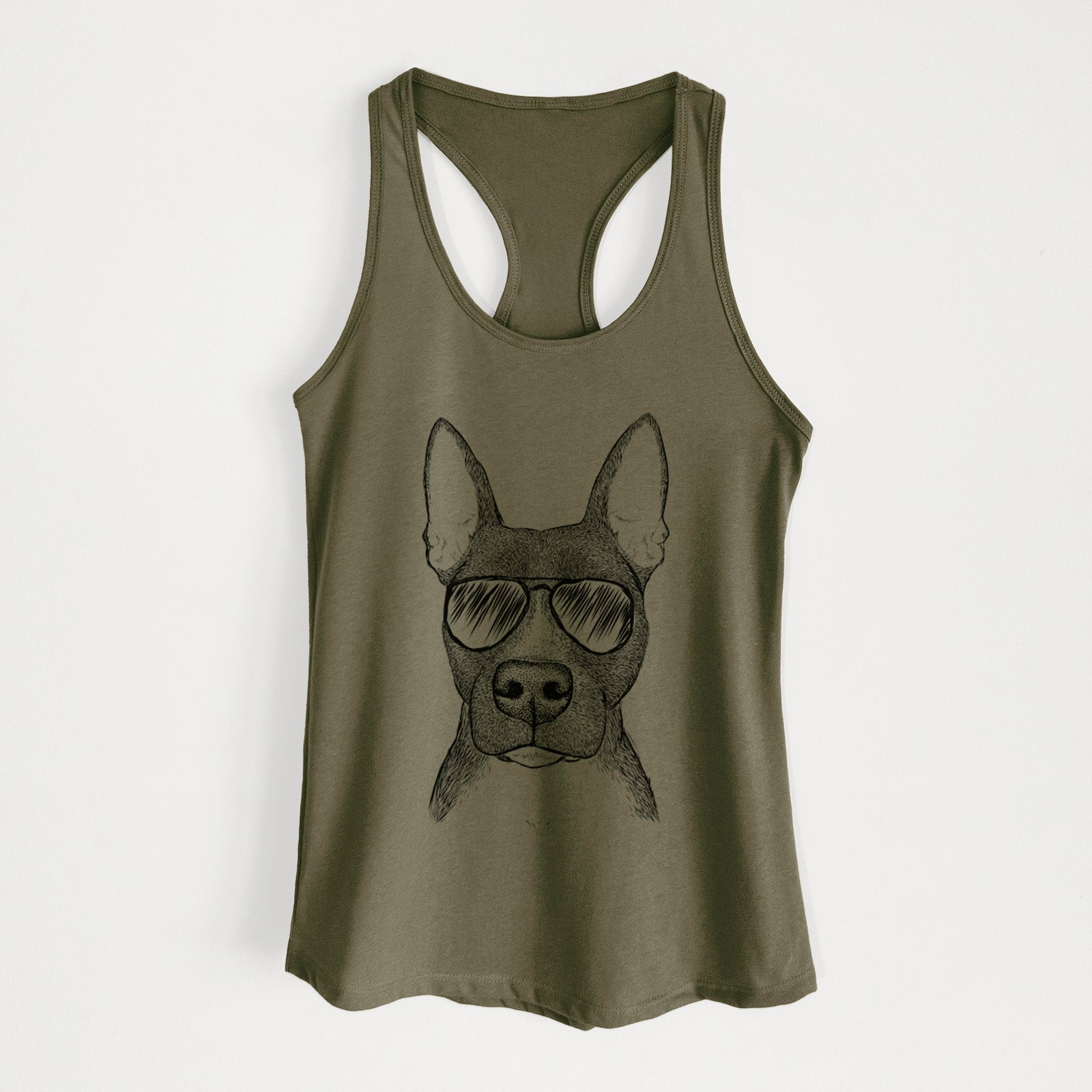 Hand-drawn sketch of Violet the Pitbull wearing aviator sunglasses on a Military Green Women's racerback tanktop