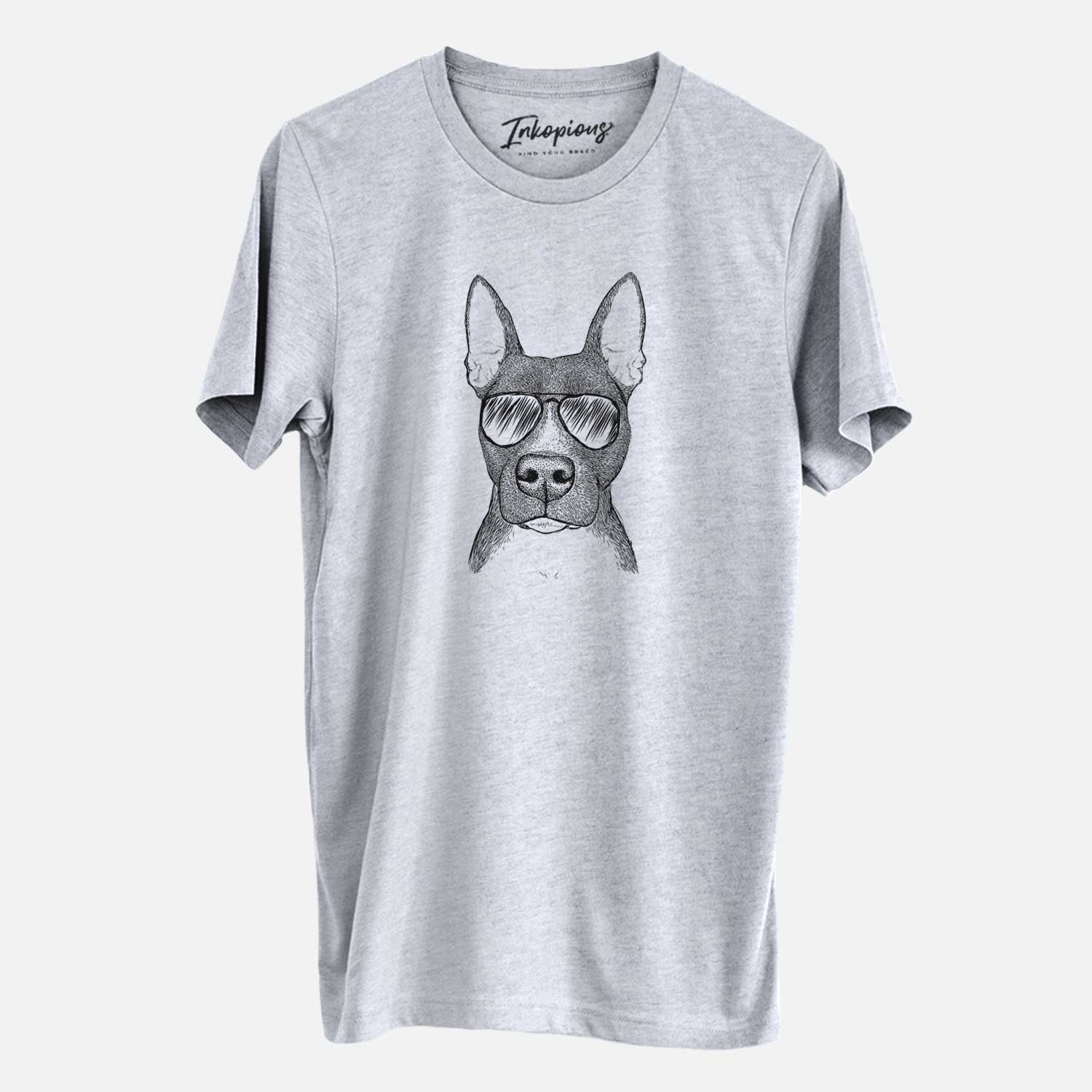 Hand-drawn sketch of Violet the Pitbull wearing aviator sunglasses on a Grey Unisex crewneck