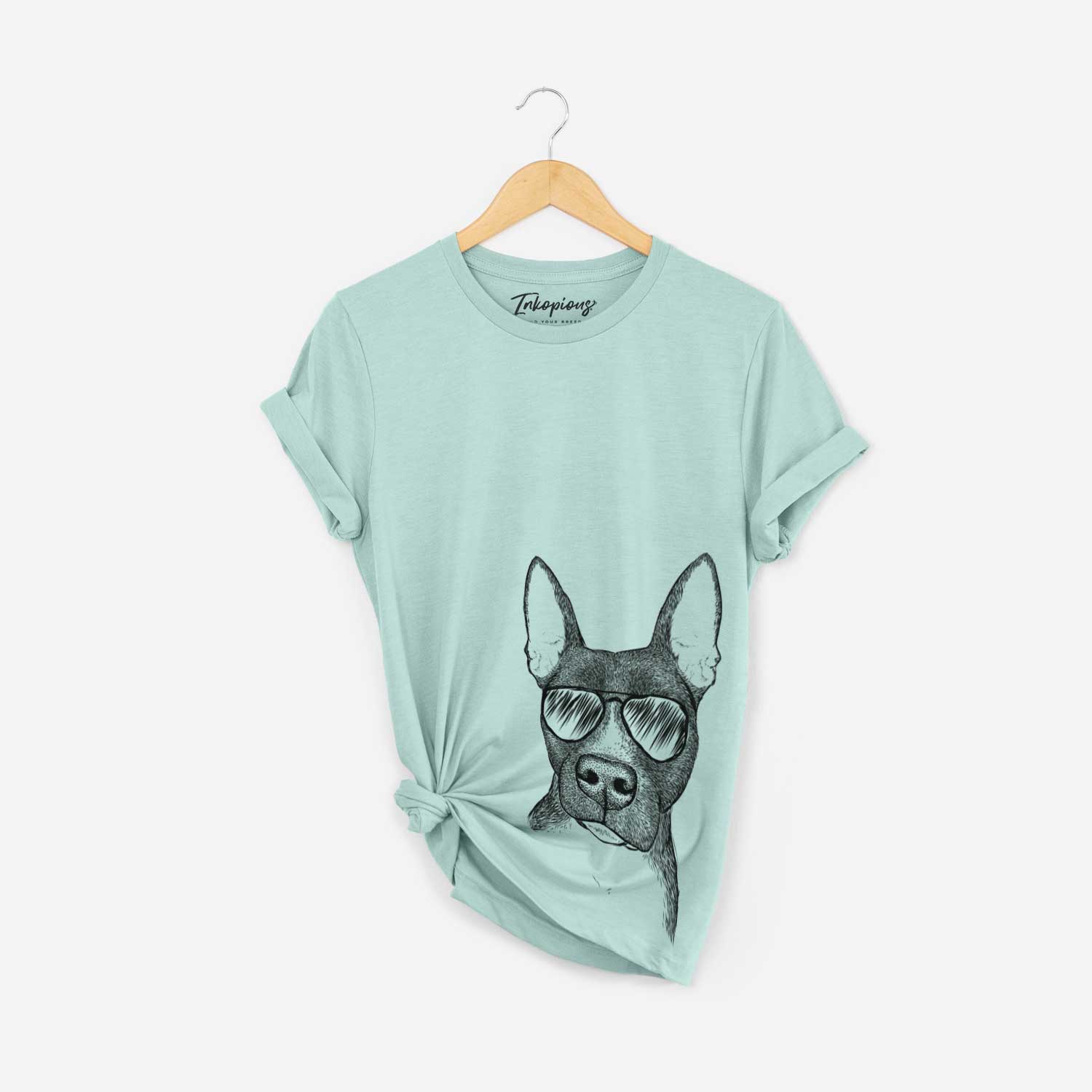 Hand-drawn sketch of Violet the Pitbull wearing aviator sunglasses on a Heather Sage Bella Canvas Unisex Crewneck