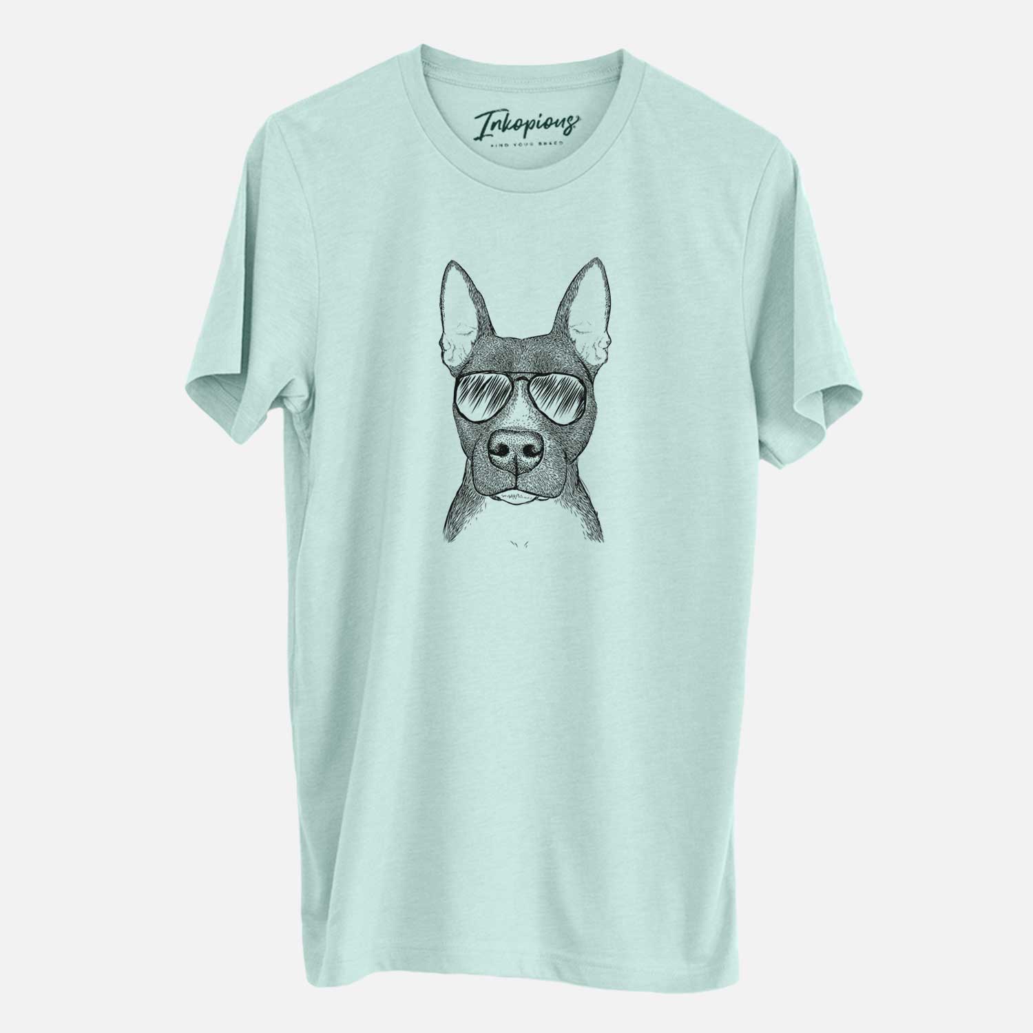 Hand-drawn sketch of Violet the Pitbull wearing aviator sunglasses on a Heather Sage Unisex crewneck