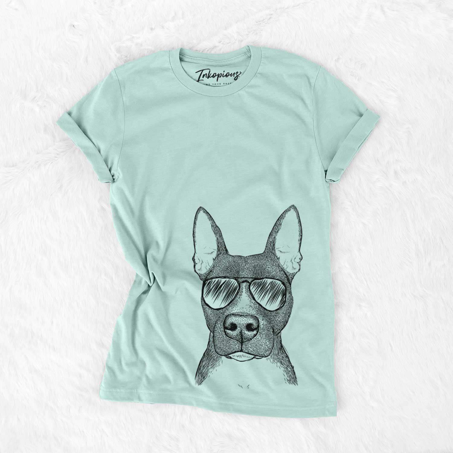 Hand-drawn sketch of Violet the Pitbull wearing aviator sunglasses on a Heather Sage Unisex crewneck