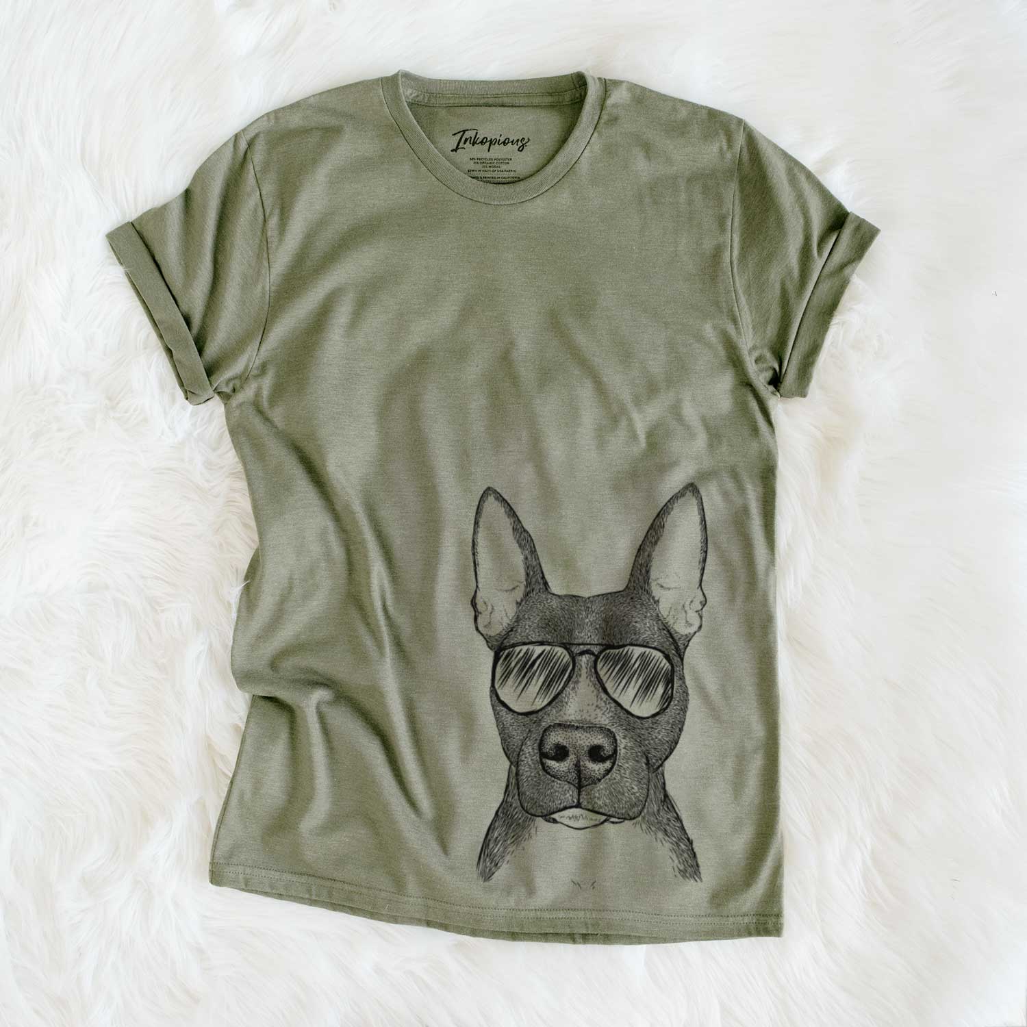 Hand-drawn sketch of Violet the Pitbull wearing aviator sunglasses on an Olive Unisex crewneck
