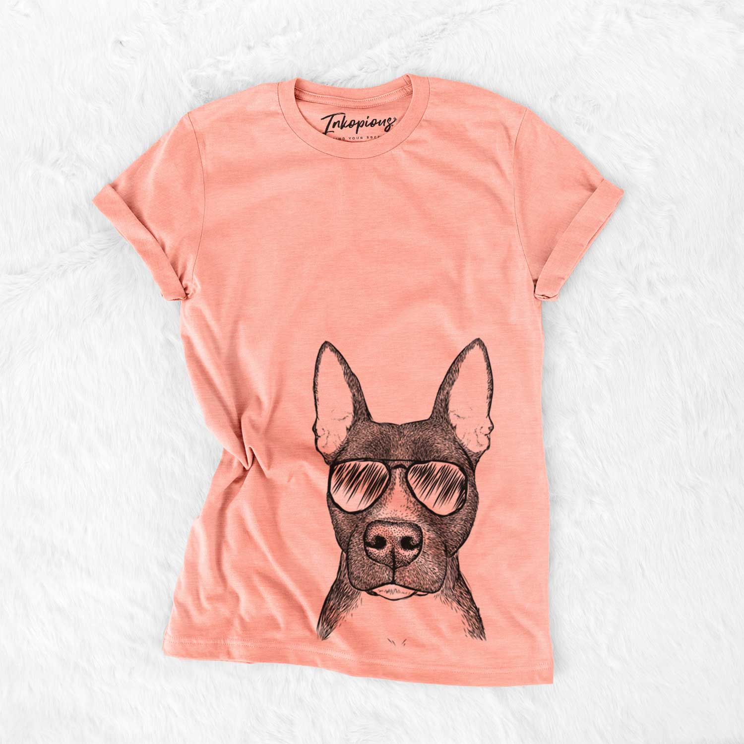 Hand-drawn sketch of Violet the Pitbull wearing aviator sunglasses on a Sunset Bella Canvas Unisex Crewneck