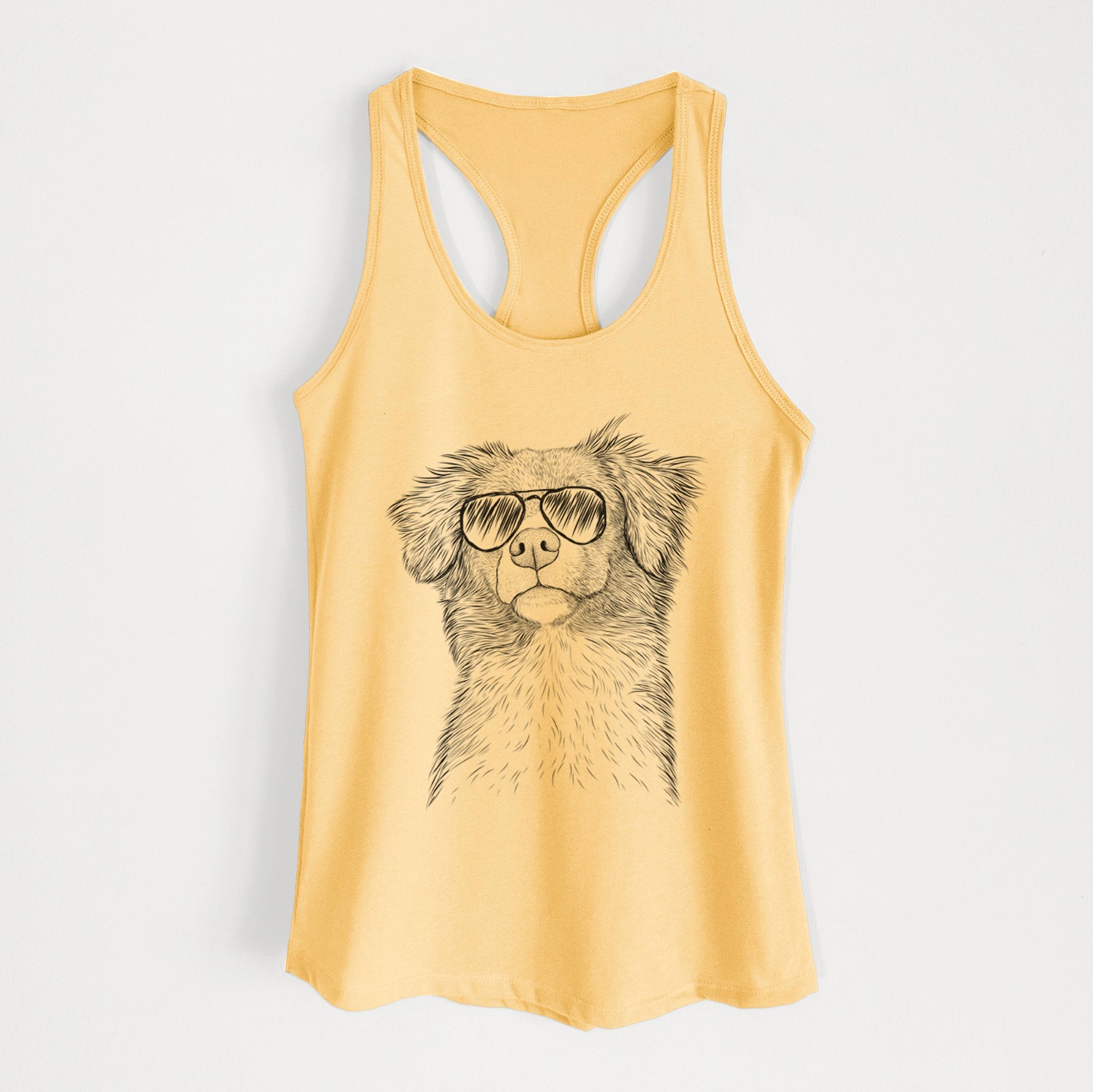 Hand-drawn sketch of Vixen the Nova Scotia Duck Tolling Retriever wearing aviator sunglasses on a Banana Cream Women's racerback tanktop