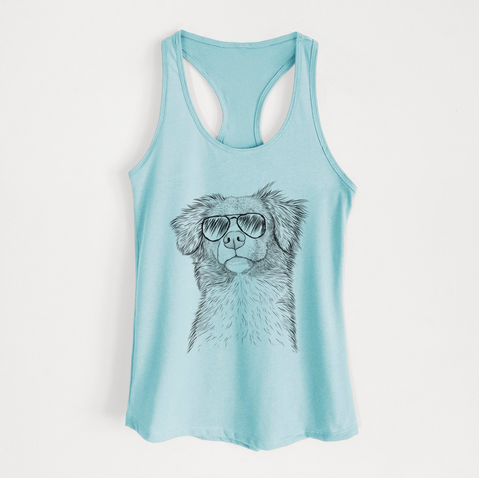 Hand-drawn sketch of Vixen the Nova Scotia Duck Tolling Retriever wearing aviator sunglasses on a Cancun Blue Women's racerback tanktop