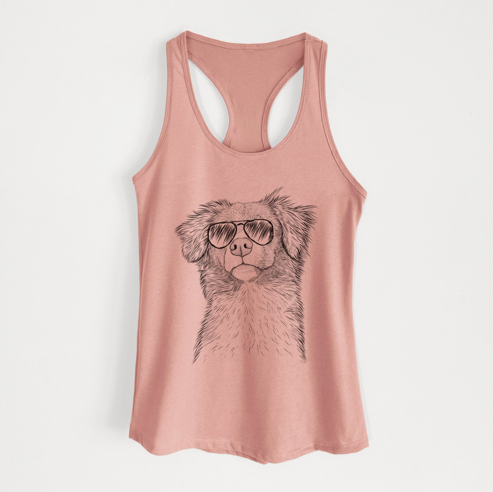Hand-drawn sketch of Vixen the Nova Scotia Duck Tolling Retriever wearing aviator sunglasses on a Desert Pink Women's racerback tanktop