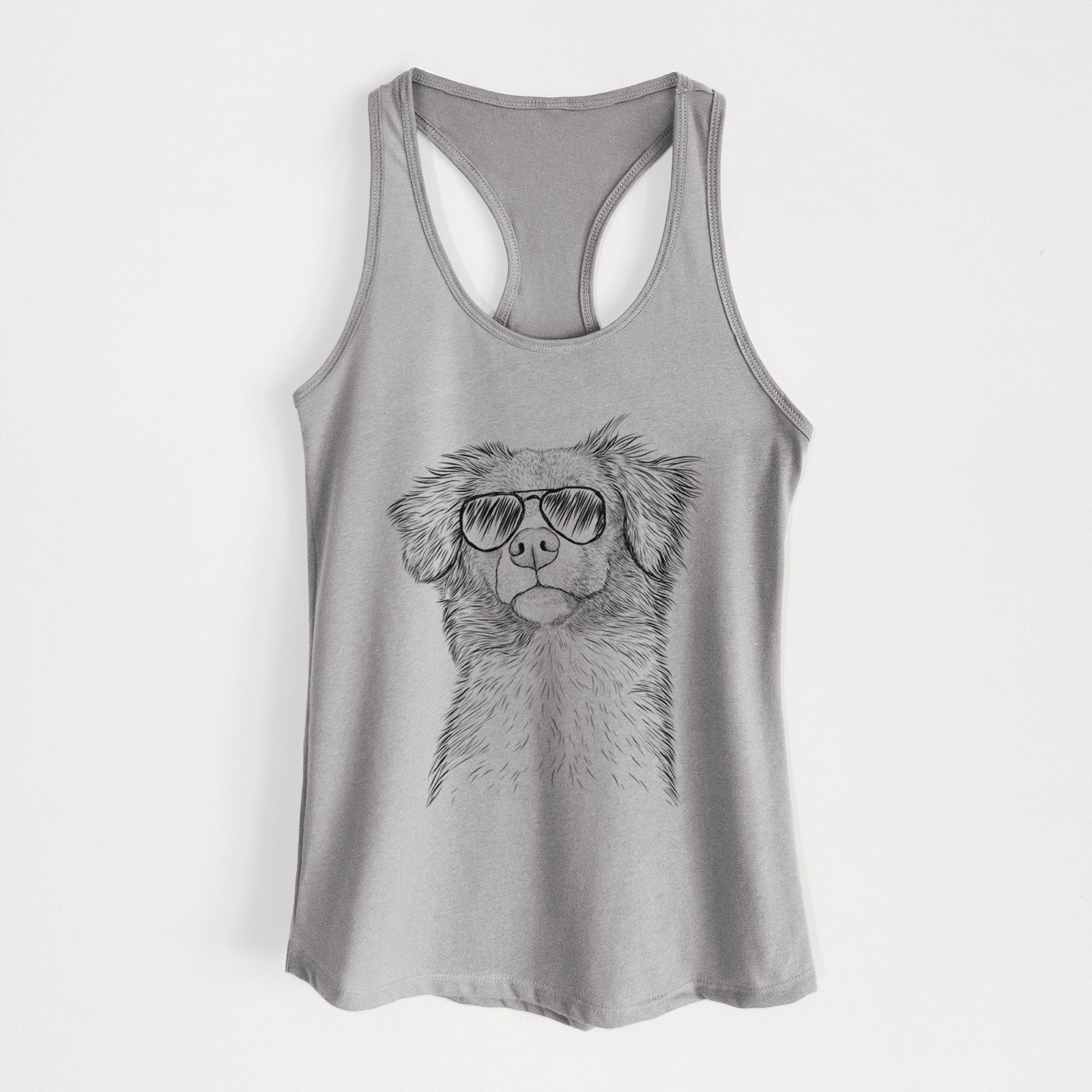 Hand-drawn sketch of Vixen the Nova Scotia Duck Tolling Retriever wearing aviator sunglasses on a Heather Grey Women's racerback tanktop