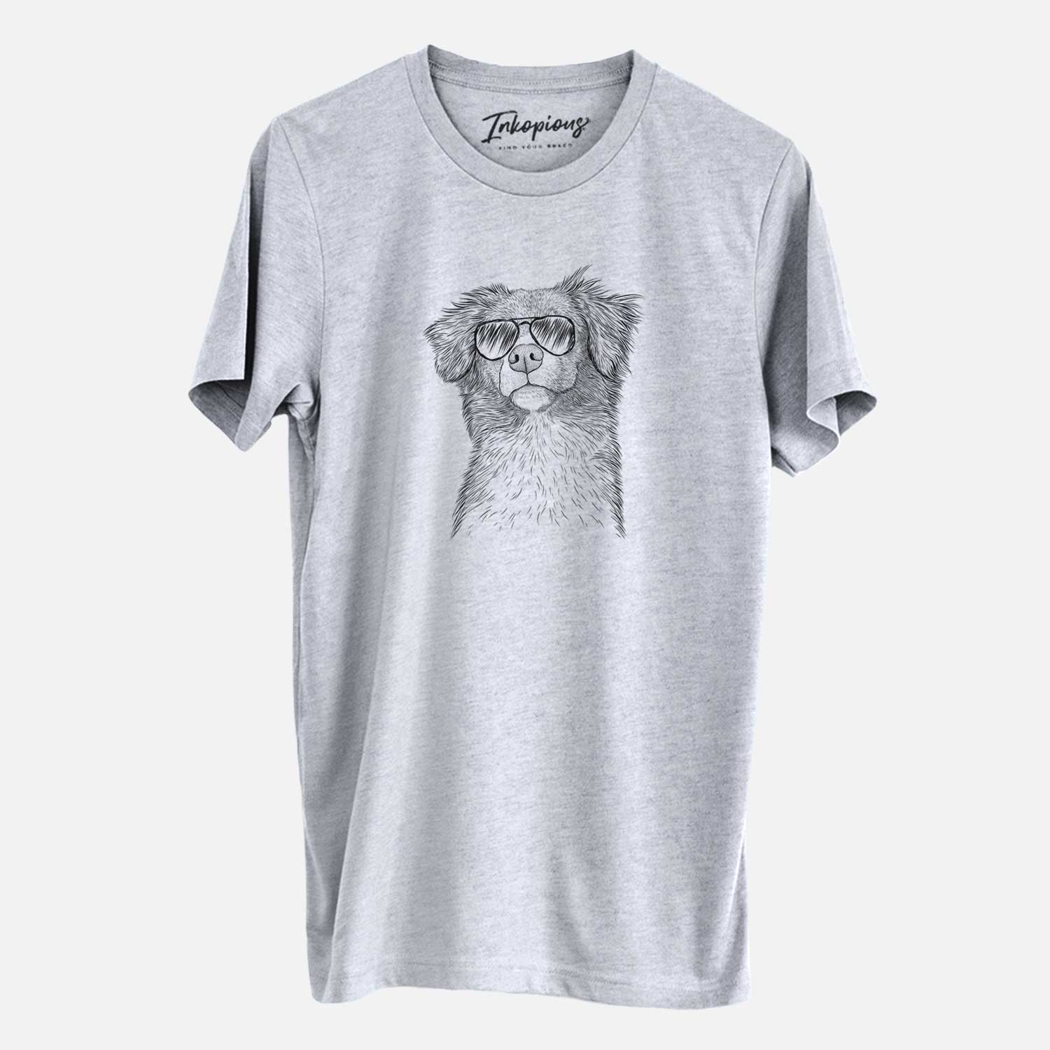 Hand-drawn sketch of Vixen the Nova Scotia Duck Tolling Retriever wearing aviator sunglasses on a Grey Unisex crewneck