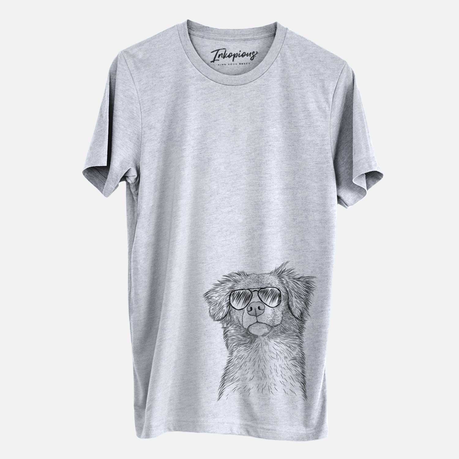Hand-drawn sketch of Vixen the Nova Scotia Duck Tolling Retriever wearing aviator sunglasses on a Grey Unisex crewneck