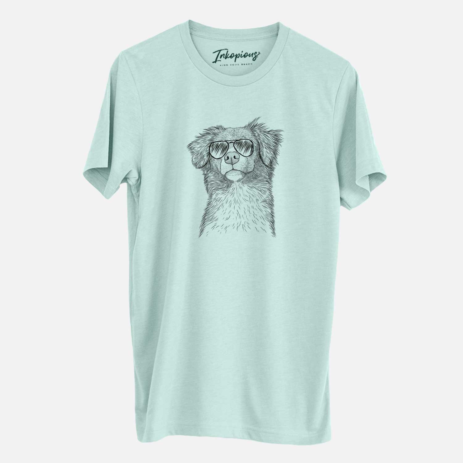 Hand-drawn sketch of Vixen the Nova Scotia Duck Tolling Retriever wearing aviator sunglasses on a Heather Sage Unisex crewneck