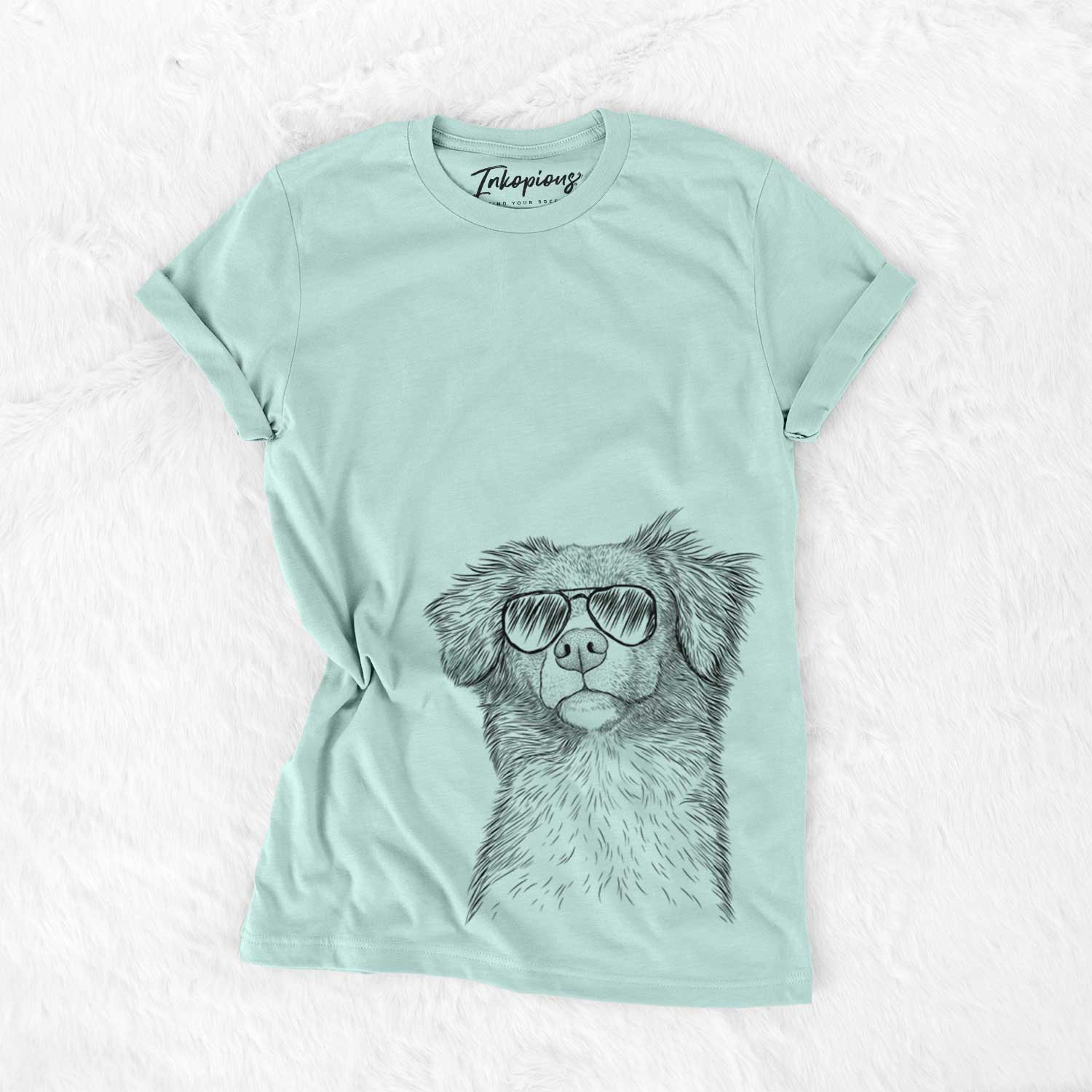 Hand-drawn sketch of Vixen the Nova Scotia Duck Tolling Retriever wearing aviator sunglasses on a Heather Sage Unisex crewneck