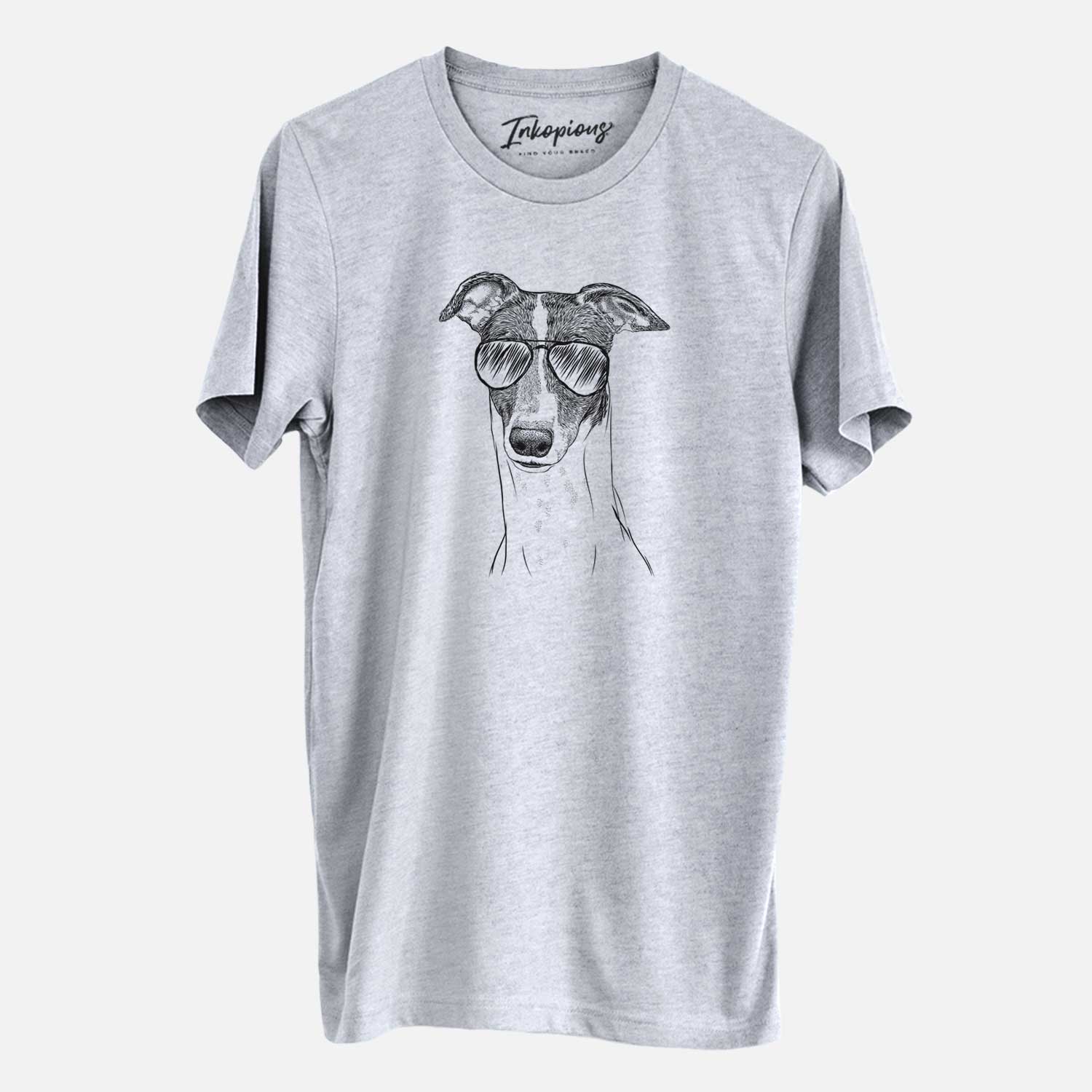 Hand-drawn sketch of Vyncent the Greyhound wearing aviator sunglasses on an Unisex crewneck