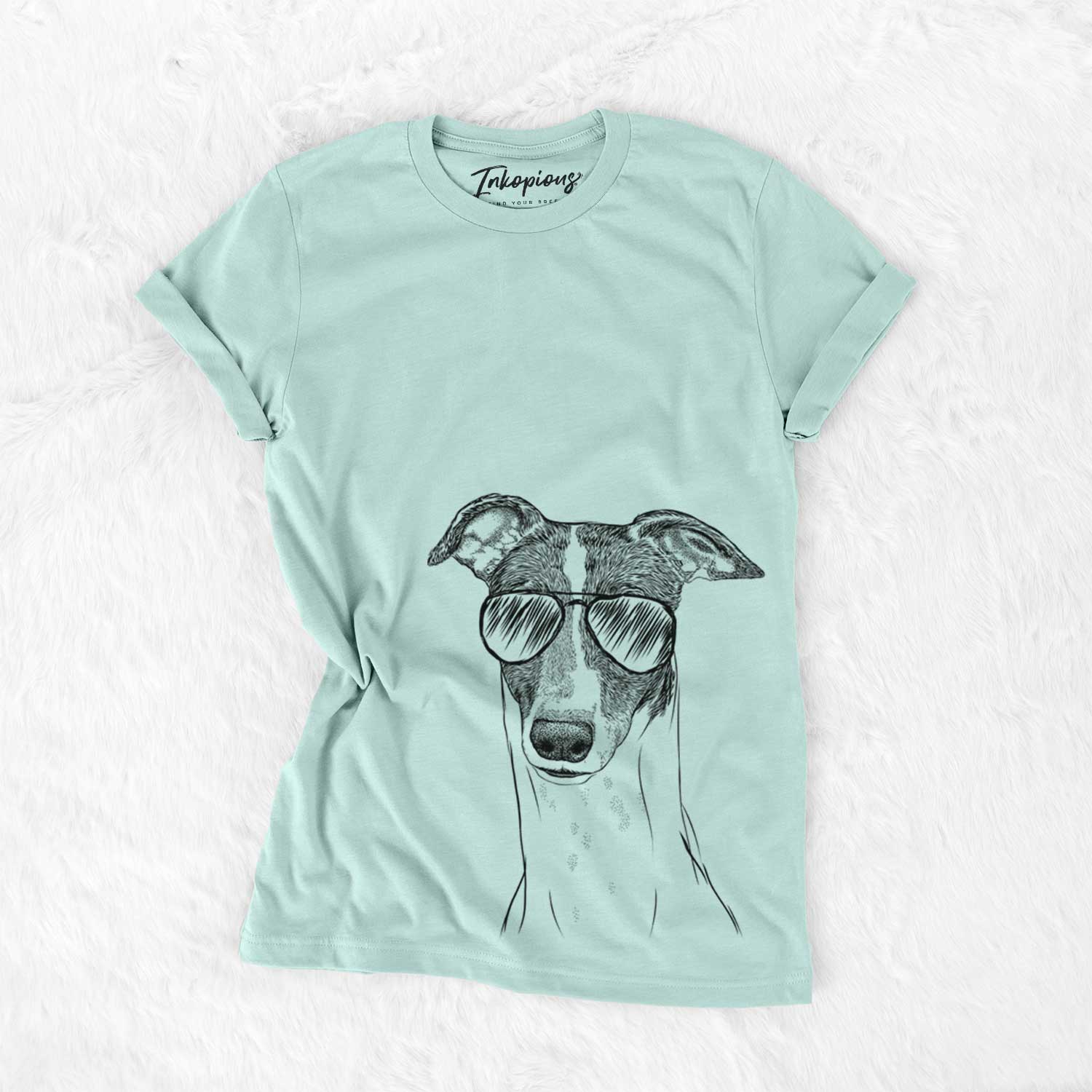 Hand-drawn sketch of Vyncent the Greyhound wearing aviator sunglasses on a Heather Sage Unisex crewneck