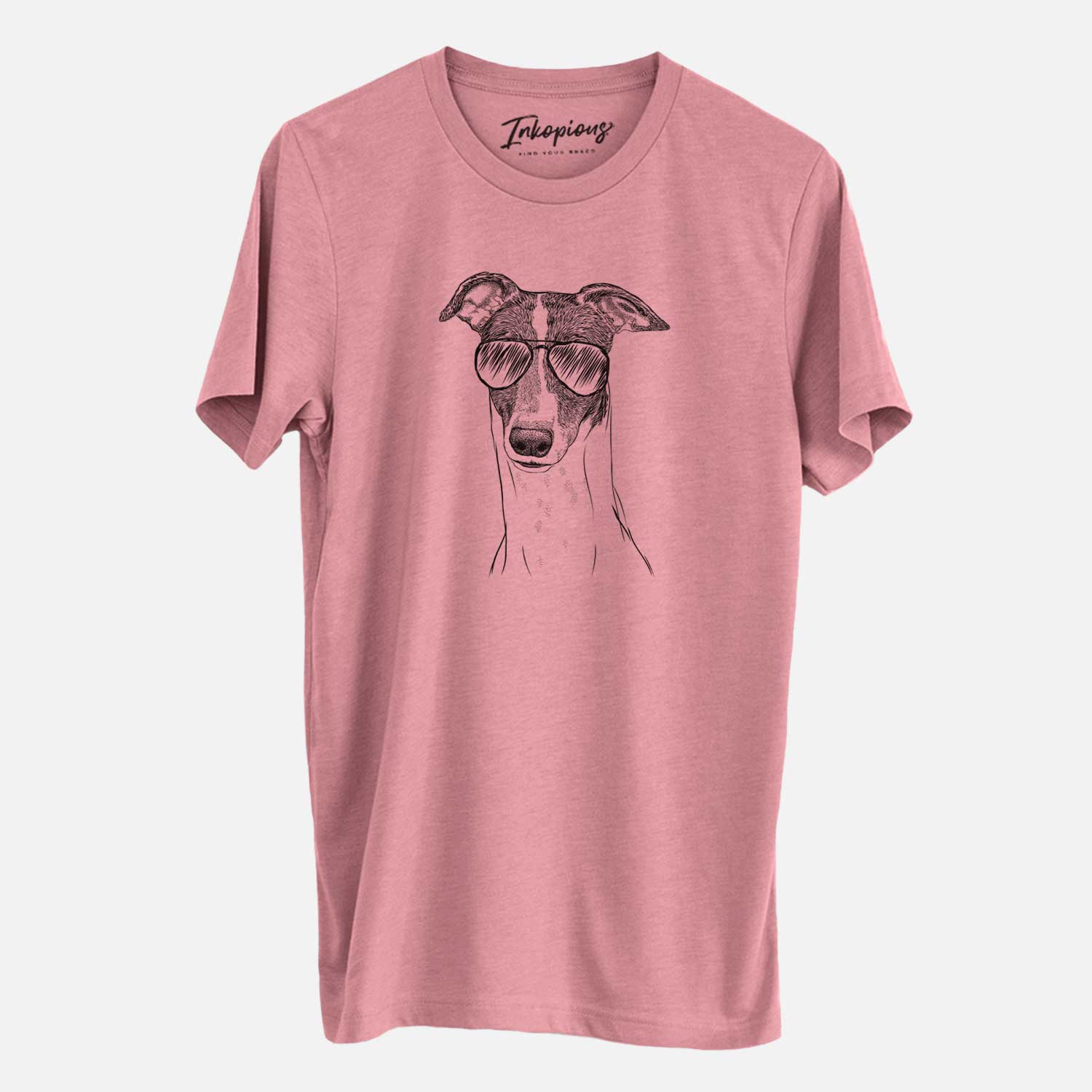 Hand-drawn sketch of Vyncent the Greyhound wearing aviator sunglasses on a Mauve Unisex crewneck
