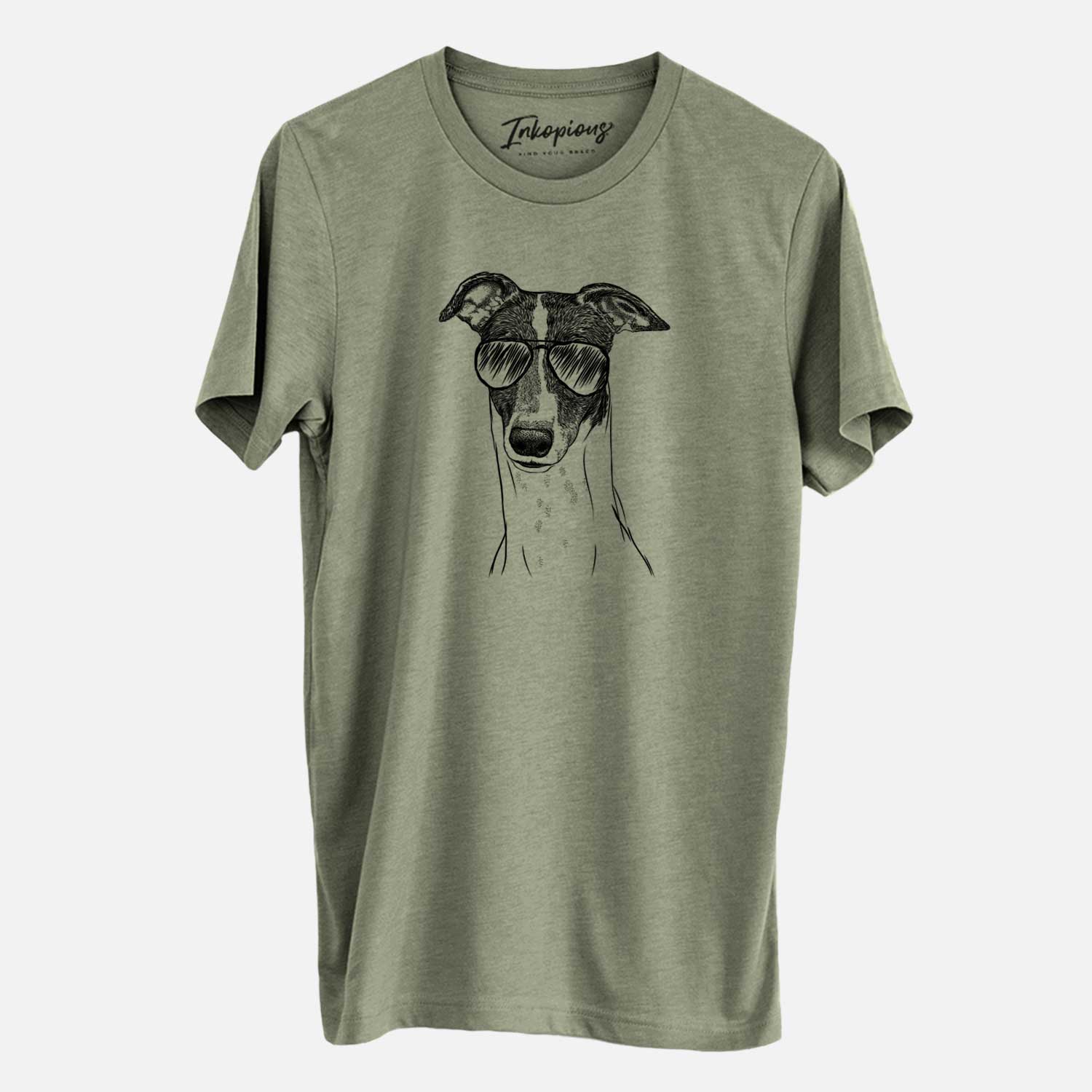 Hand-drawn sketch of Vyncent the Greyhound wearing aviator sunglasses on an Olive Unisex crewneck