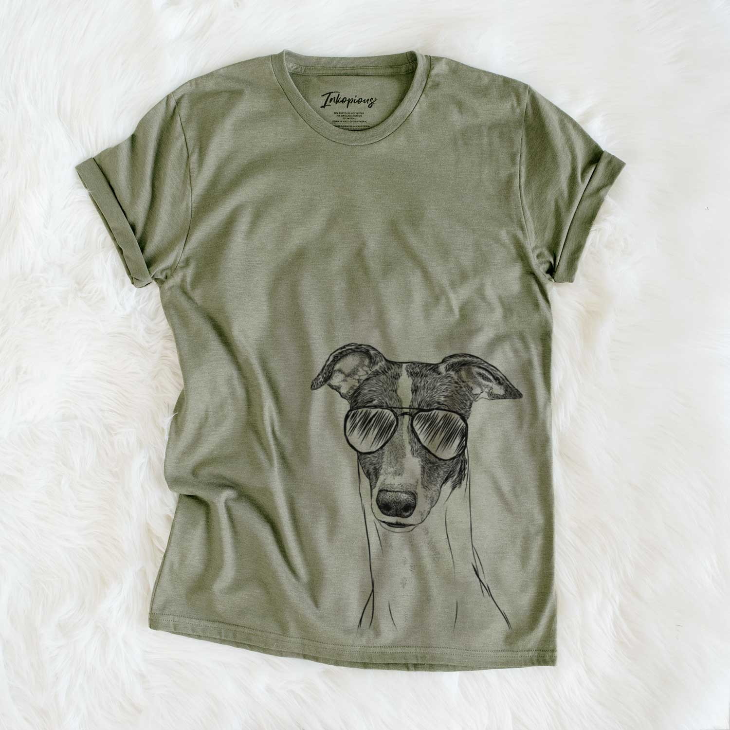 Hand-drawn sketch of Vyncent the Greyhound wearing aviator sunglasses on an Olive Unisex crewneck