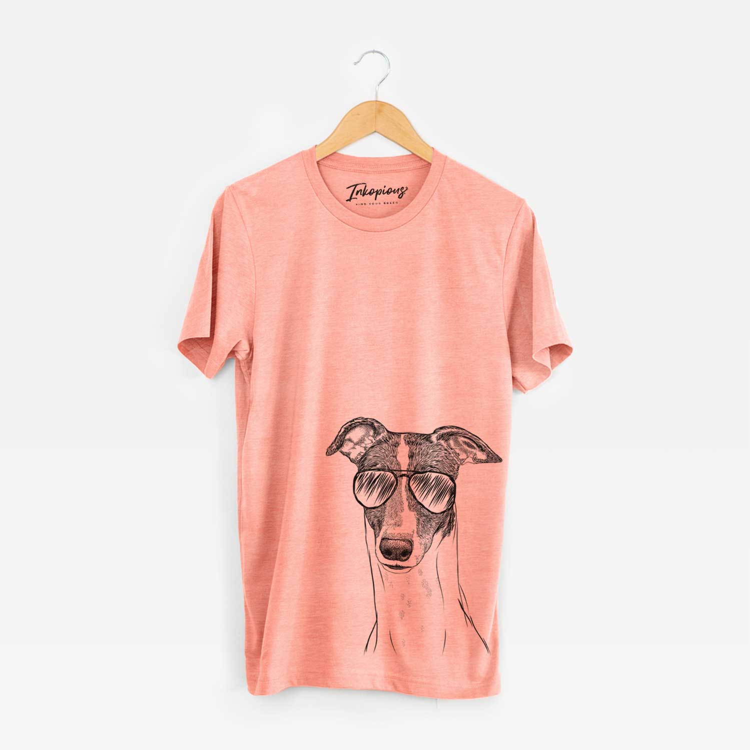 Hand-drawn sketch of Vyncent the Greyhound wearing aviator sunglasses on a Sunset Unisex crewneck