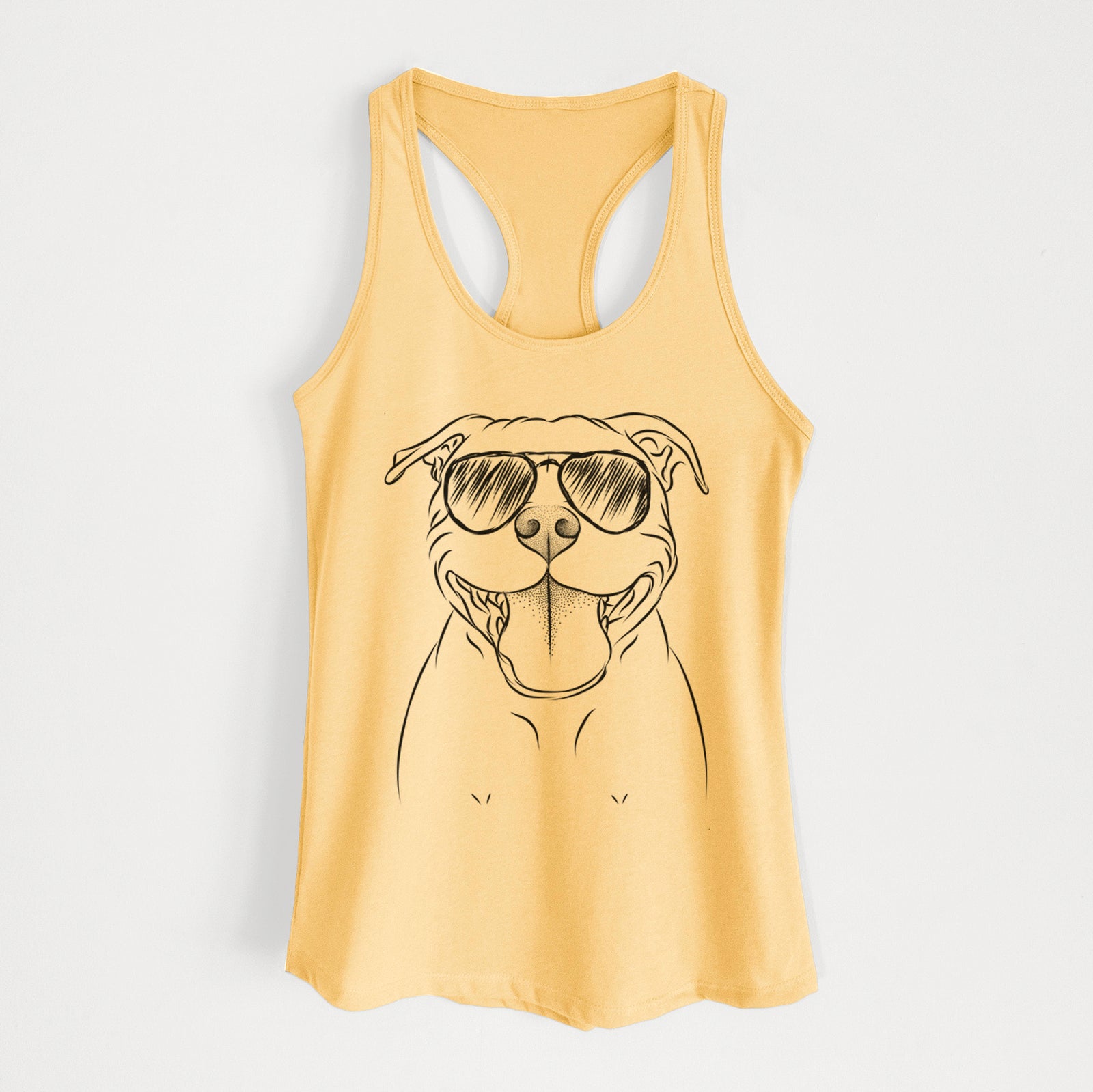 Hand-drawn sketch of Wafer the Staffordshire Bull Terrier wearing aviator sunglasses on a Banana Cream Women's racerback tanktop