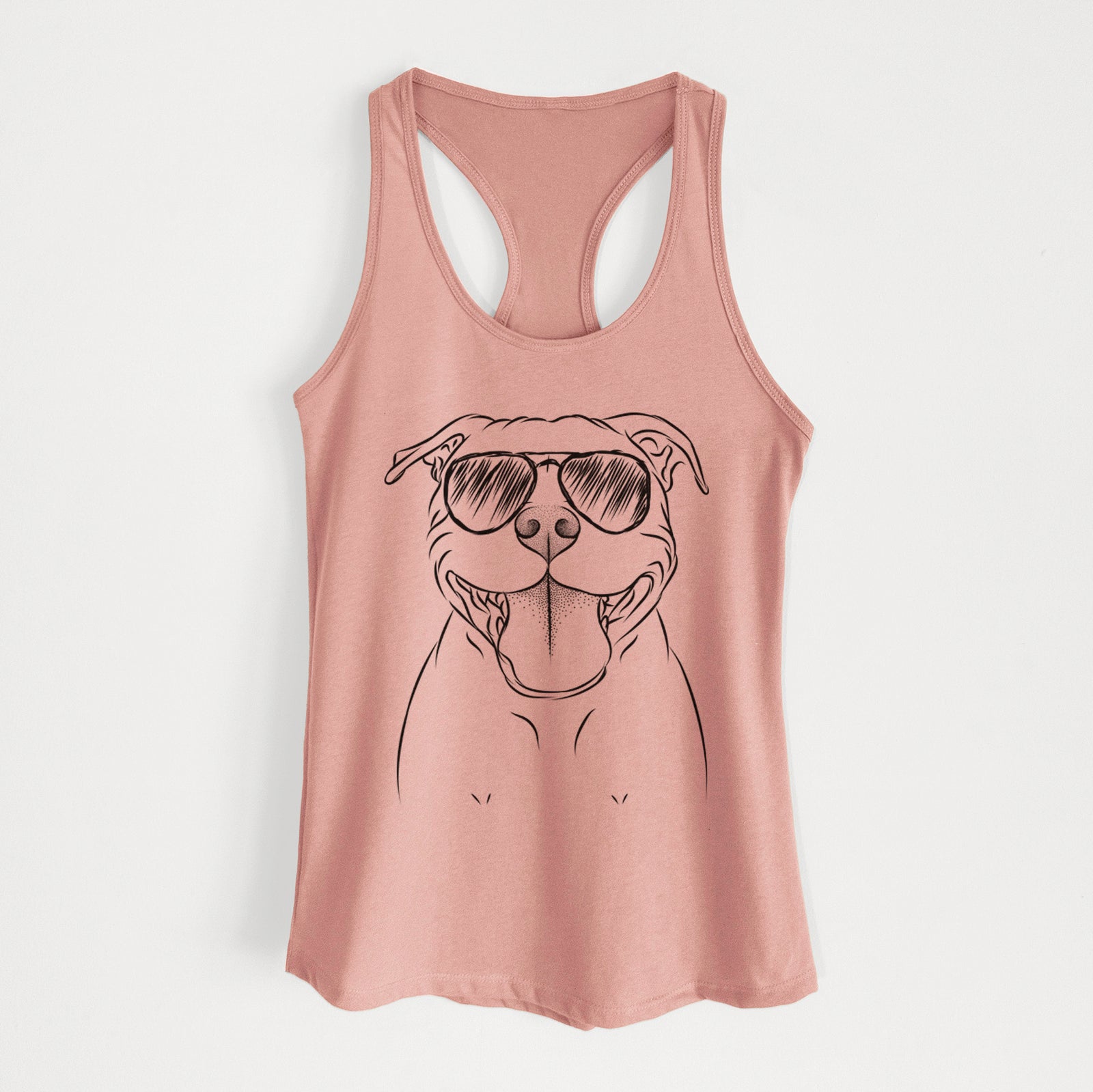 Hand-drawn sketch of Wafer the Staffordshire Bull Terrier wearing aviator sunglasses on a Desert Pink Women's racerback tanktop