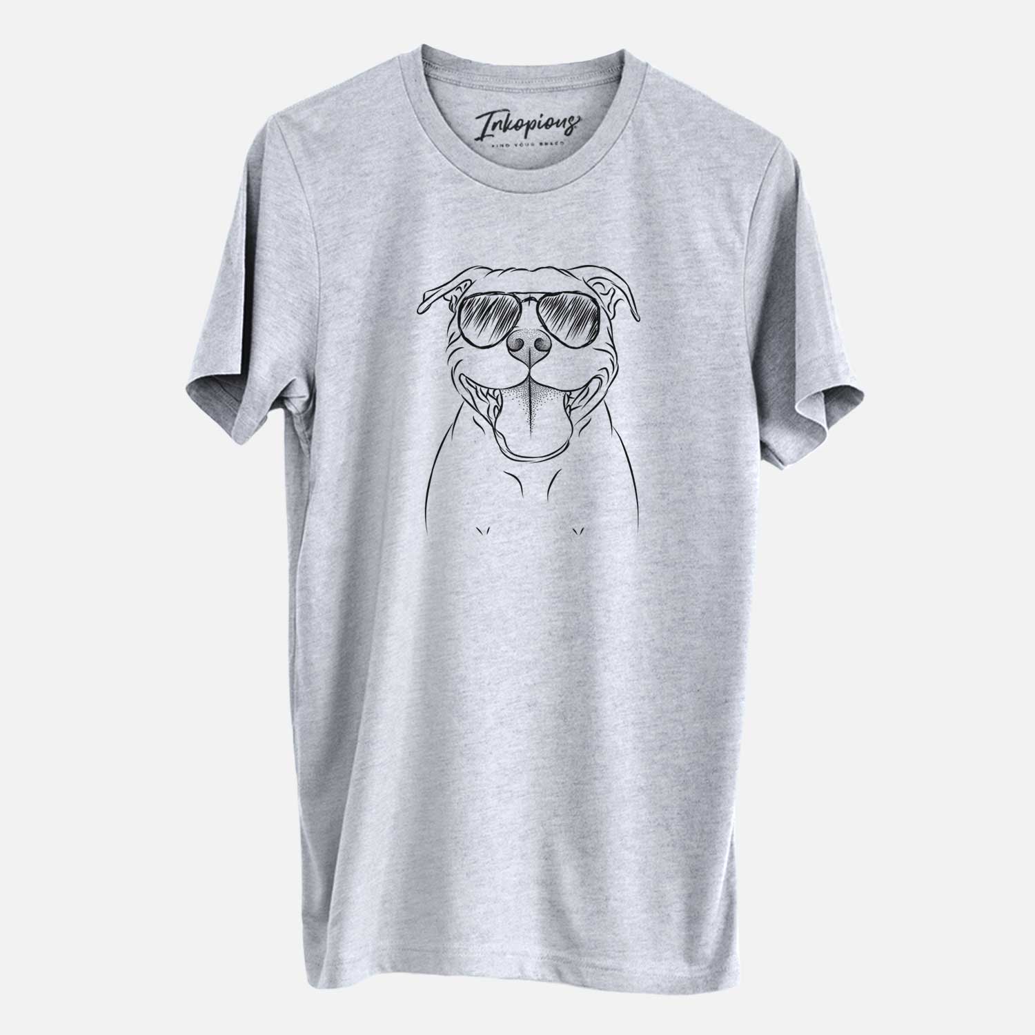 Hand-drawn sketch of Wafer the Staffordshire Bull Terrier wearing aviator sunglasses on a Grey Unisex crewneck
