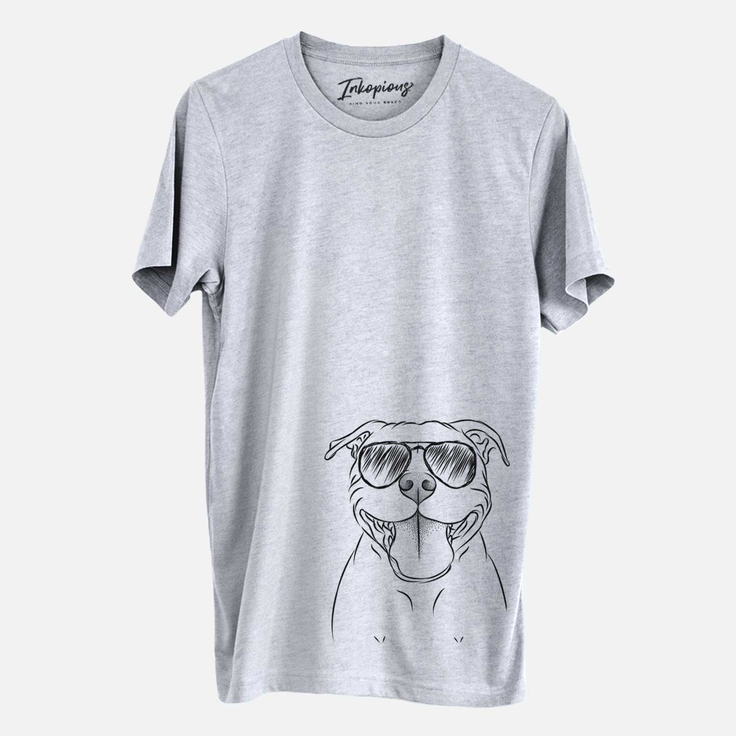 Hand-drawn sketch of Wafer the Staffordshire Bull Terrier wearing aviator sunglasses on a Grey Unisex crewneck
