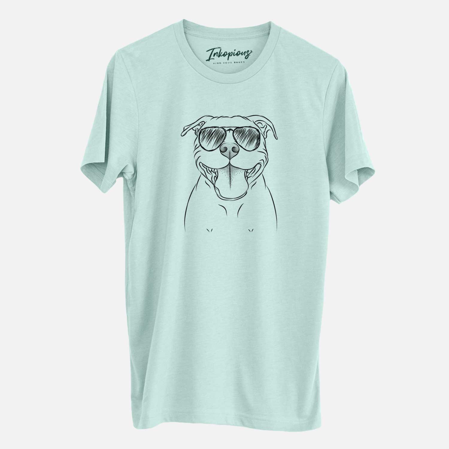 Hand-drawn sketch of Wafer the Staffordshire Bull Terrier wearing aviator sunglasses on a Heather Sage Unisex crewneck
