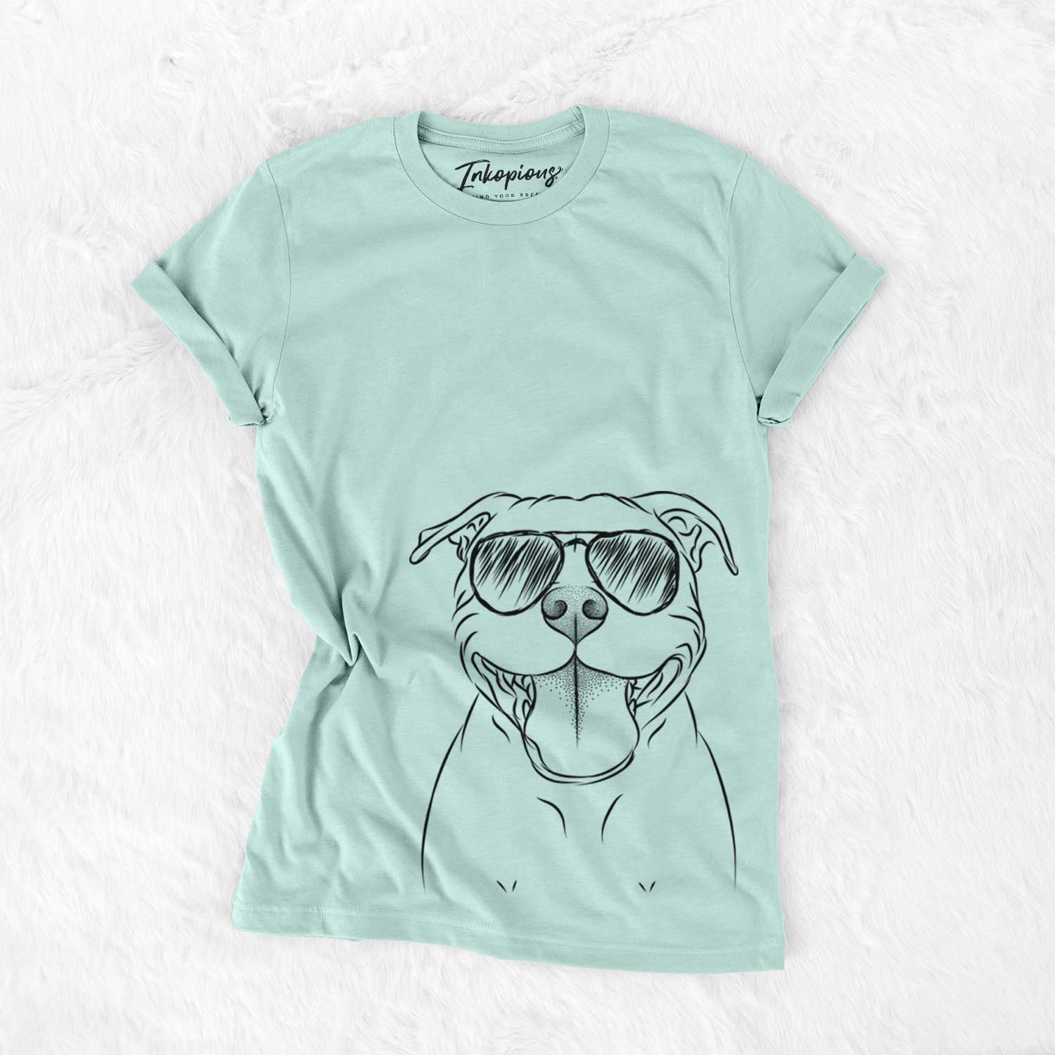 Hand-drawn sketch of Wafer the Staffordshire Bull Terrier wearing aviator sunglasses on a Heather Sage Unisex crewneck