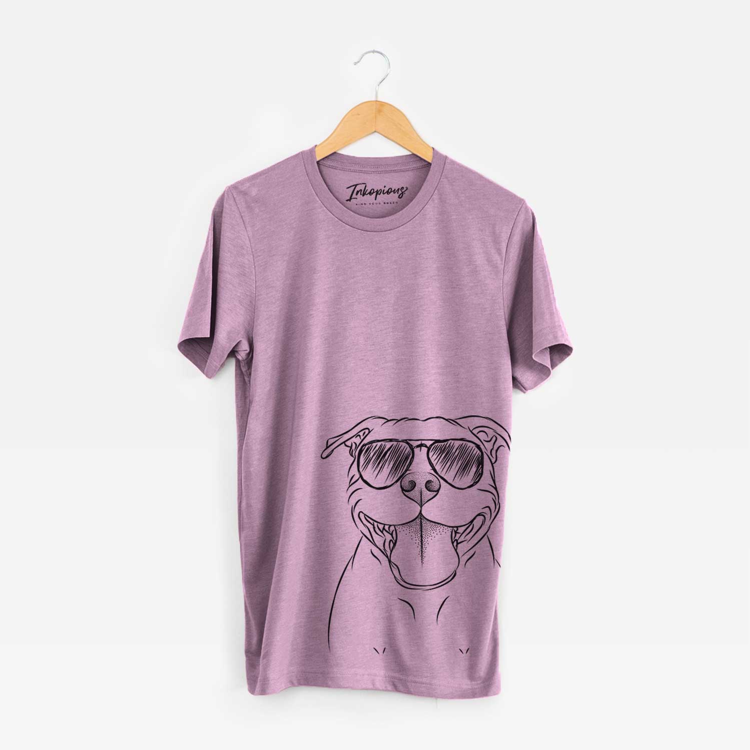 Hand-drawn sketch of Wafer the Staffordshire Bull Terrier wearing aviator sunglasses on an Orchid Bella Canvas Unisex Crewneck