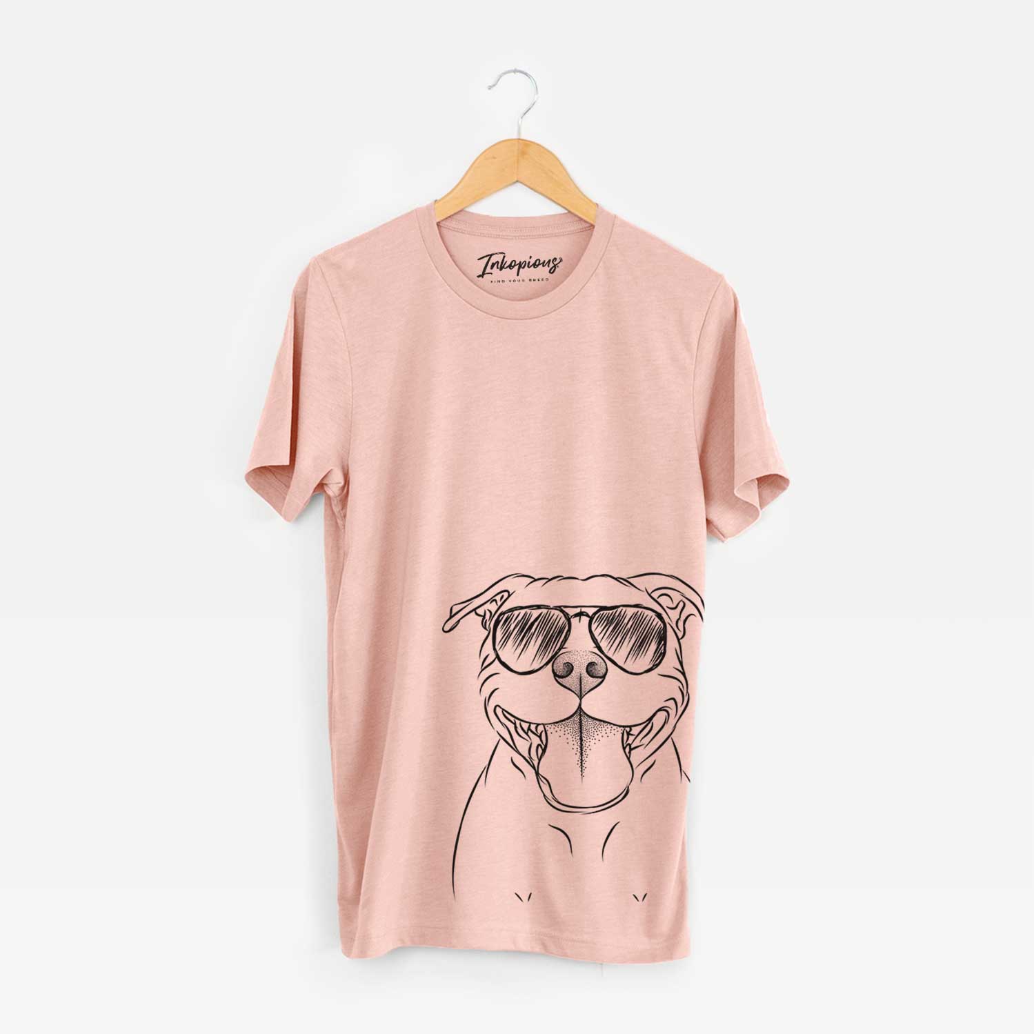 Hand-drawn sketch of Wafer the Staffordshire Bull Terrier wearing aviator sunglasses on a Peach Bella Canvas Unisex Crewneck