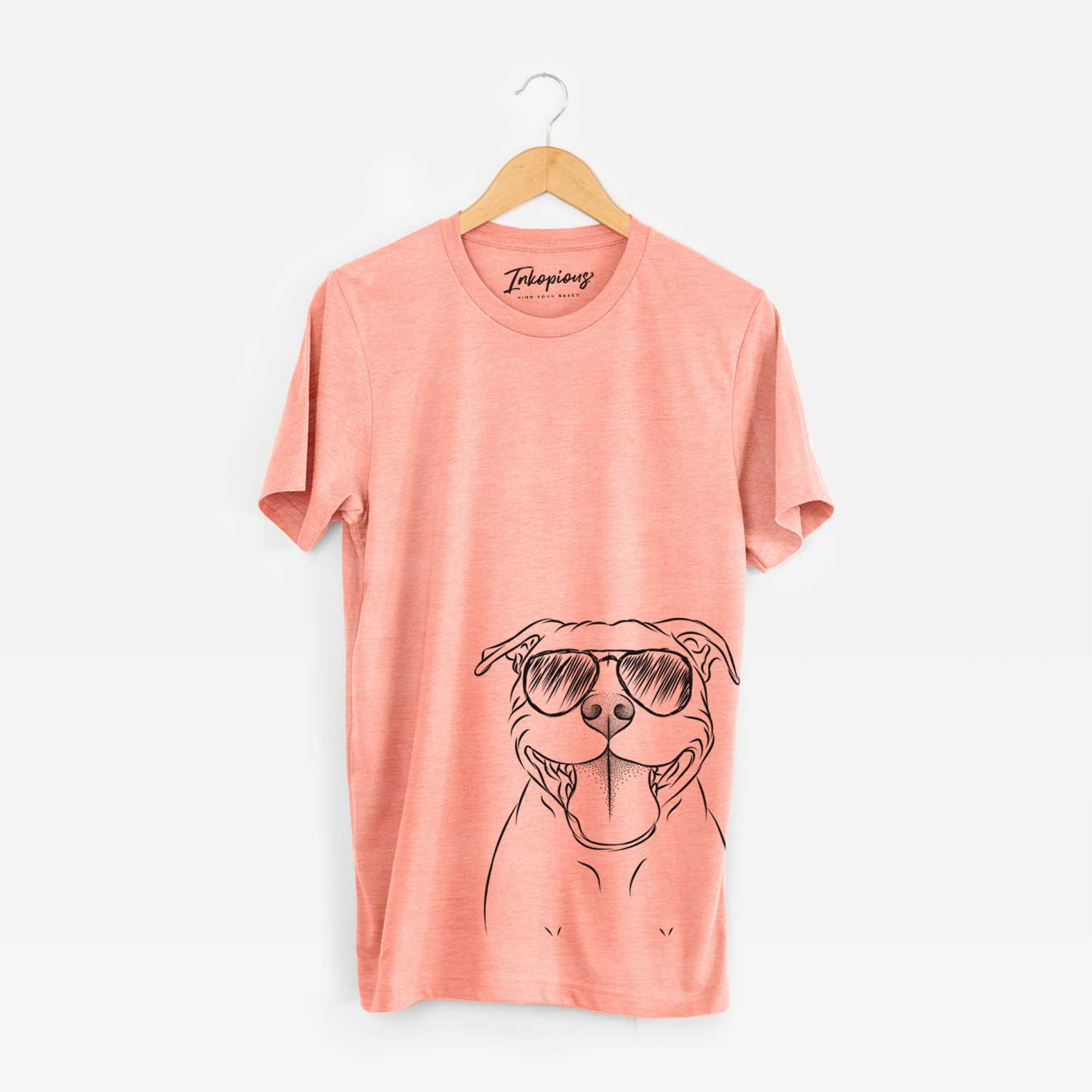 Hand-drawn sketch of Wafer the Staffordshire Bull Terrier wearing aviator sunglasses on a Sunset Unisex crewneck