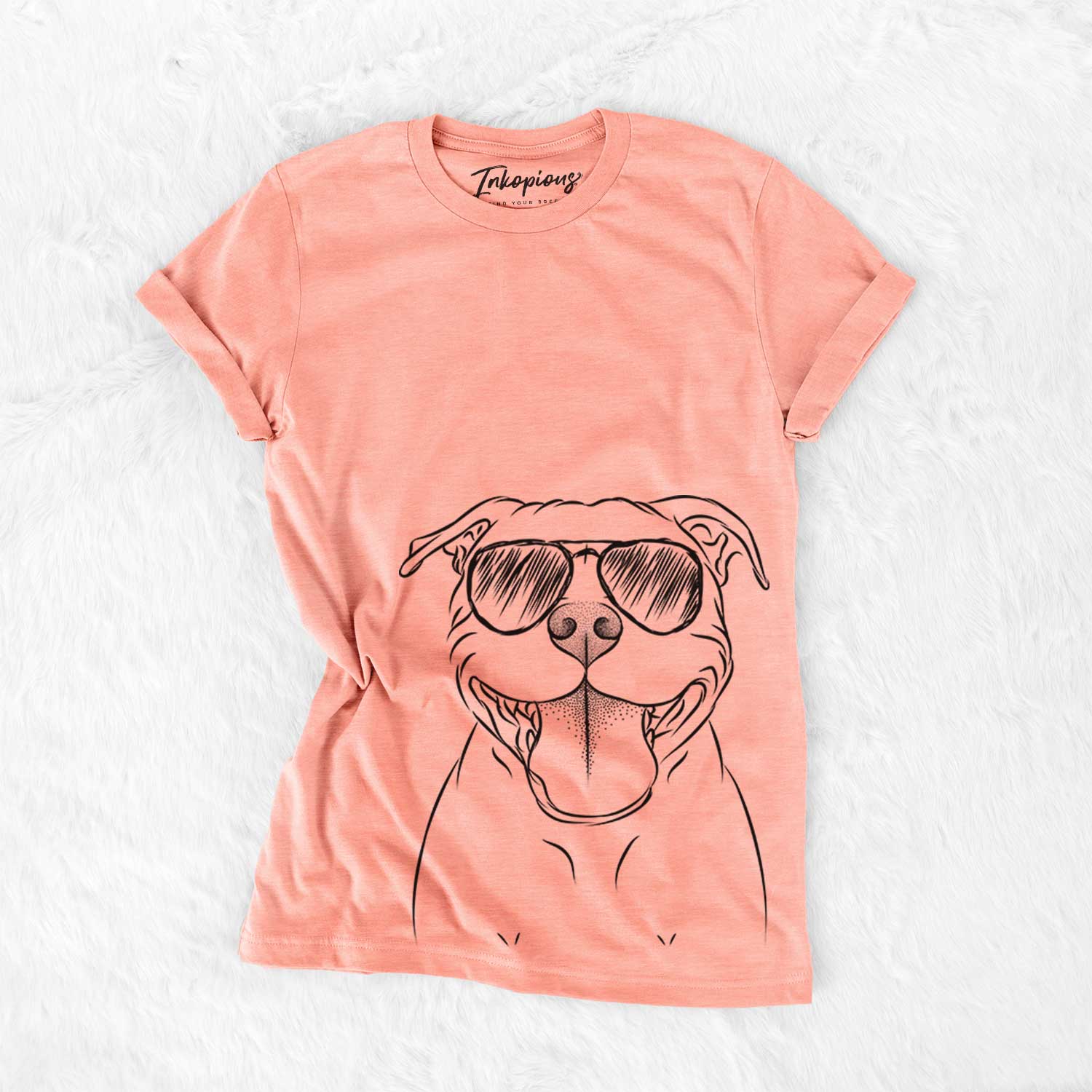 Hand-drawn sketch of Wafer the Staffordshire Bull Terrier wearing aviator sunglasses on a Sunset Bella Canvas Unisex Crewneck